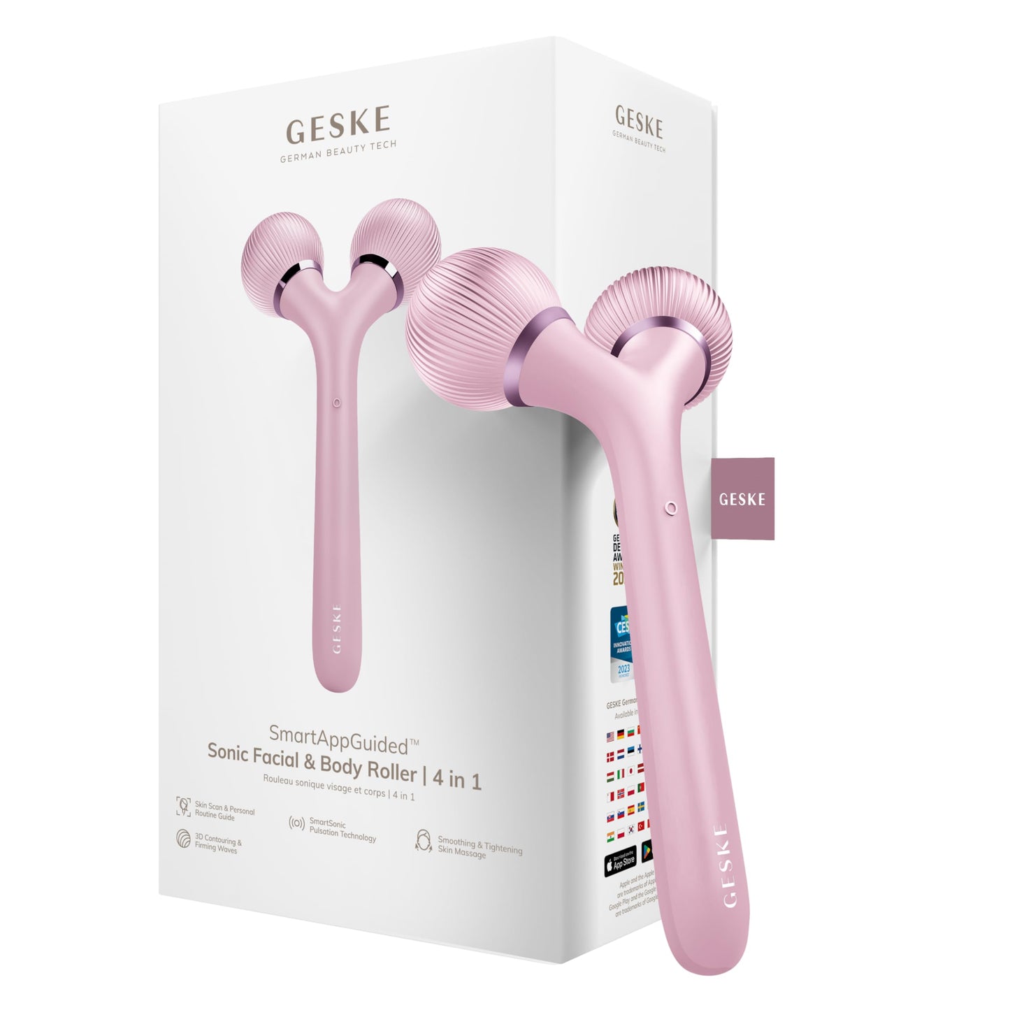 GESKE | Rodillo facial y corporal sónico SmartAppGuided™ | 4 en 1 | rodillo derma | Dispositivo para rostro y cuerpo | rodillo derma | Rodillo facial profesional | Reafirma y define cuerpo y rostro
