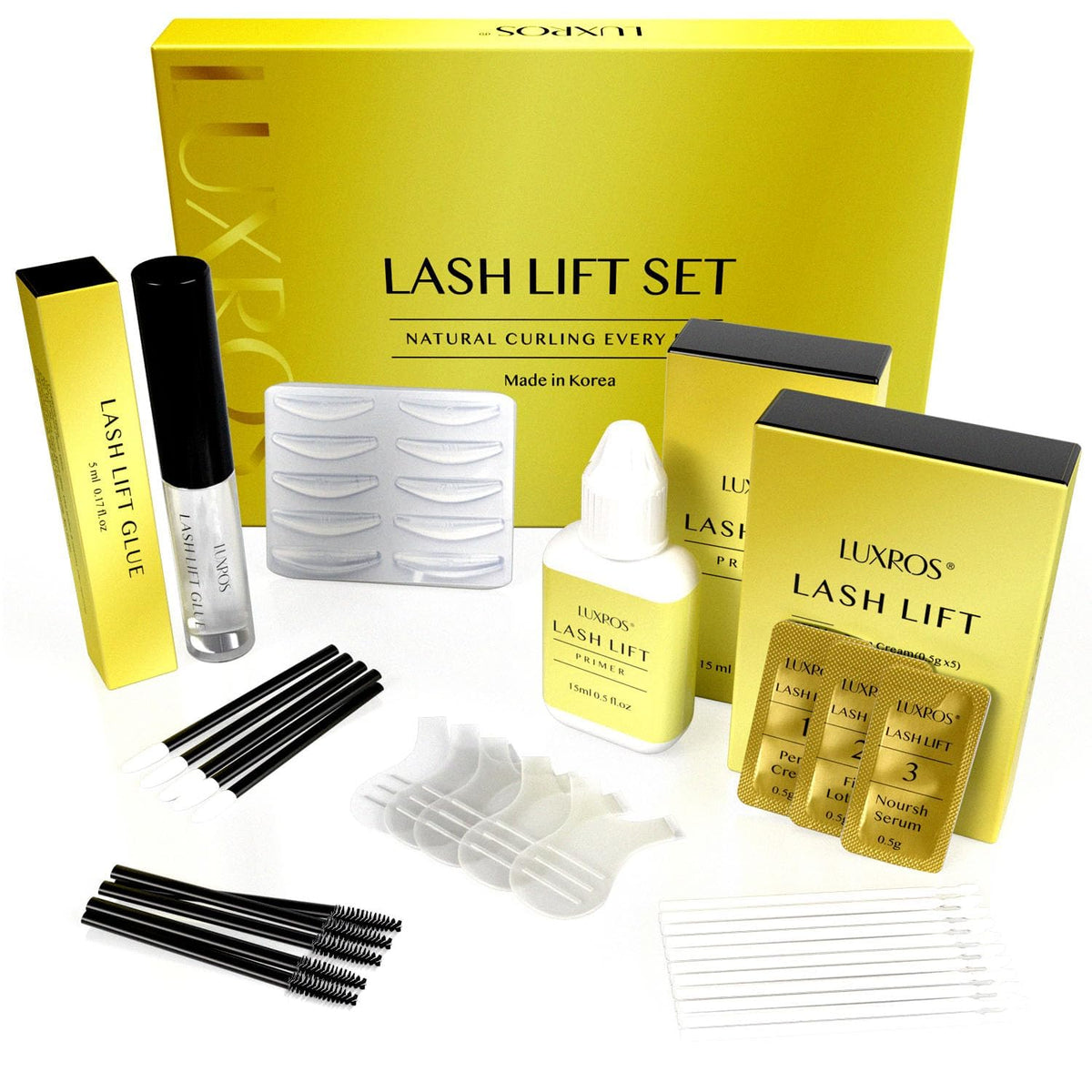 LUXROS- Kit de permanente de pestañas sin esfuerzo para rizos deslumbrantes: mejore sus pestañas con nuestro kit de permanente de pestañas fácil de usar, fabricado con orgullo en Corea. Diseñado con u