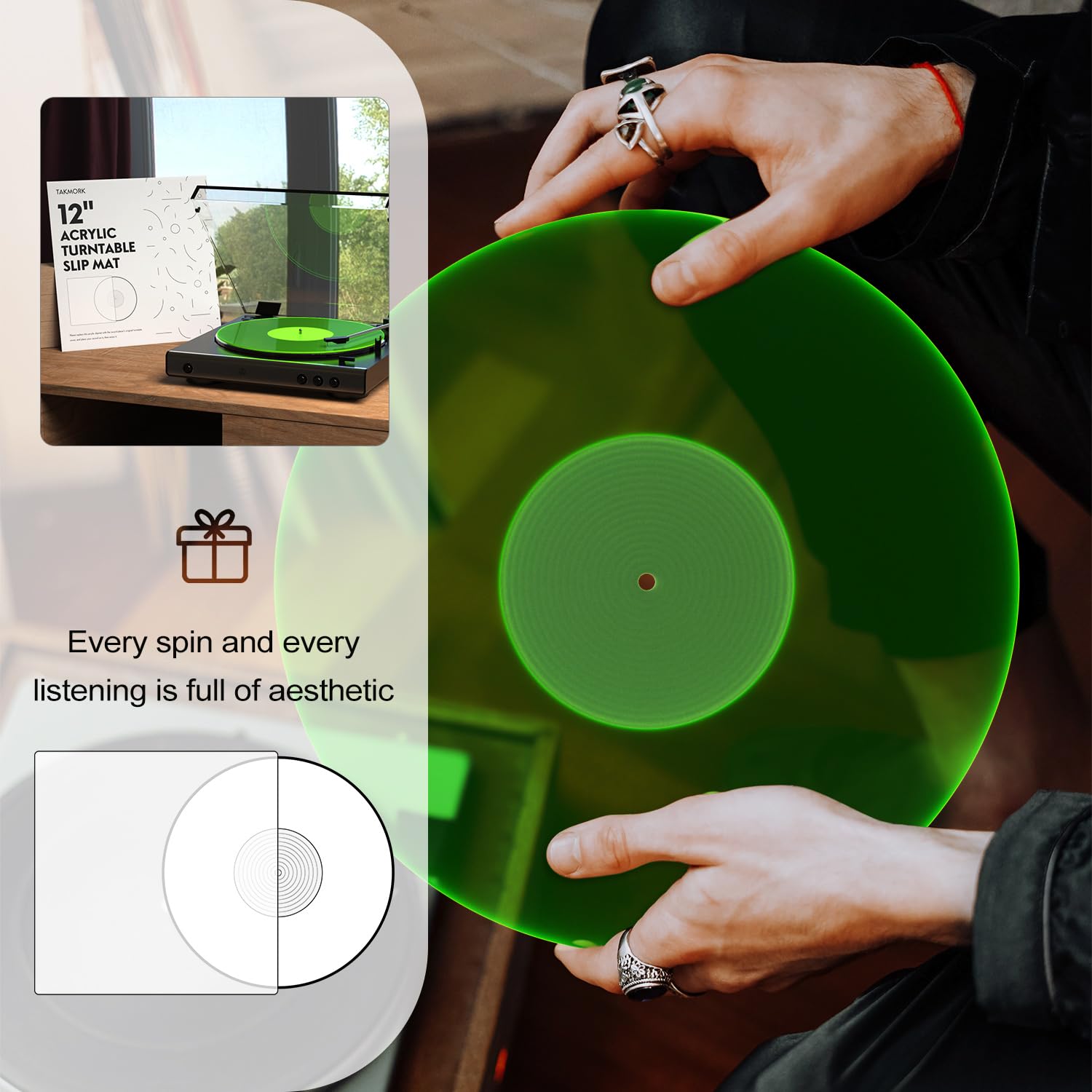 Tapete para Tocadiscos Vinilo Verde Antiestático y Bajo Definido
