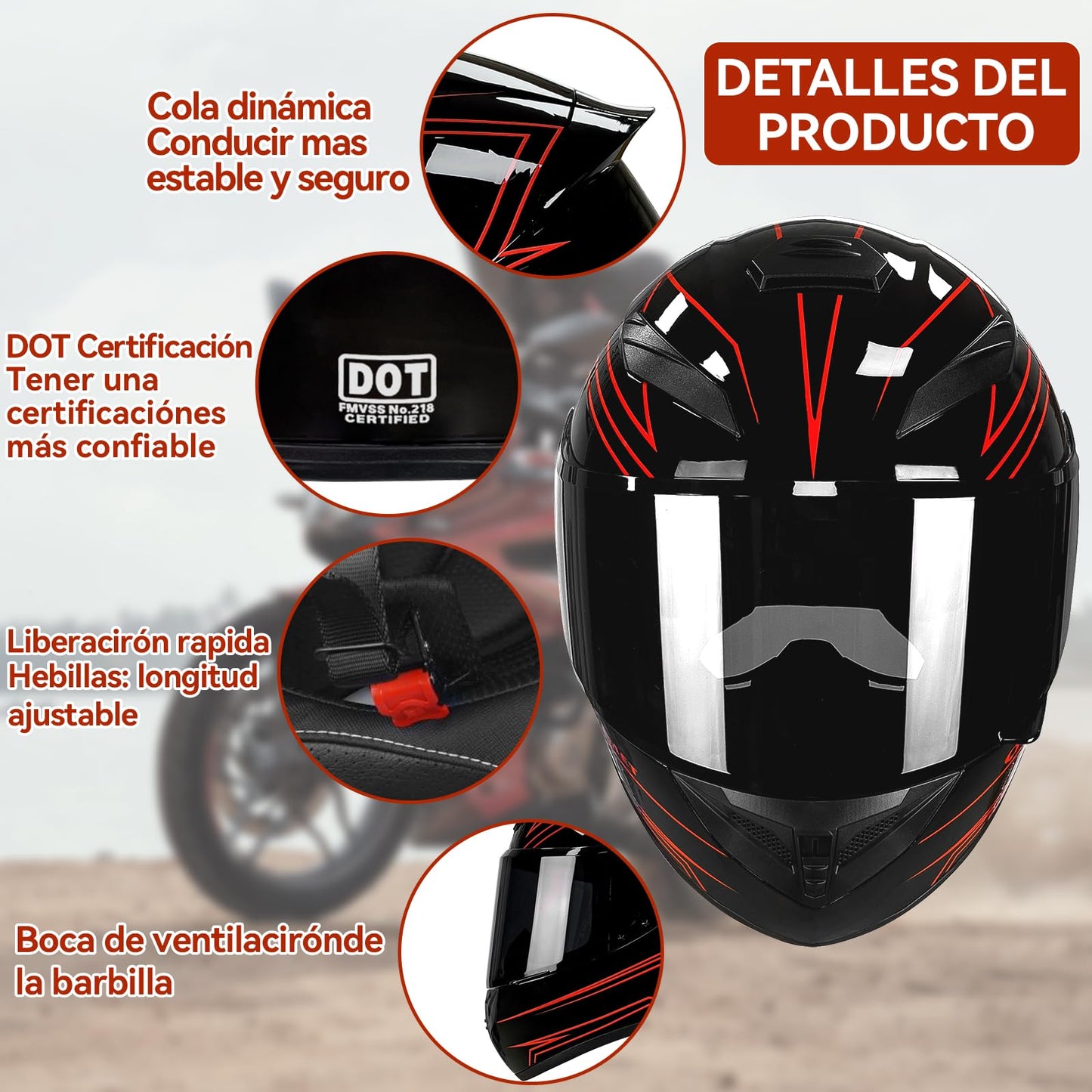 LINGLUCKY Casco Motocicleta,Cascos para Motos Certificados Dot,Cascos de Moto con Visor ANTIVAHO,Cascos Motocross Mujer Hombre Motos Accesorios (L)
