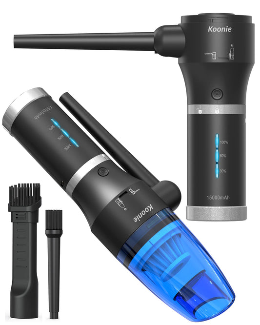 Koonie - Plumero de aire comprimido inalámbrico de 15000 mAh y aspiradora 2 en 1, potente 77000 RPM/11000 PA, 2 velocidades con batería desmontable, para computadora/teclado, coche, electrónica