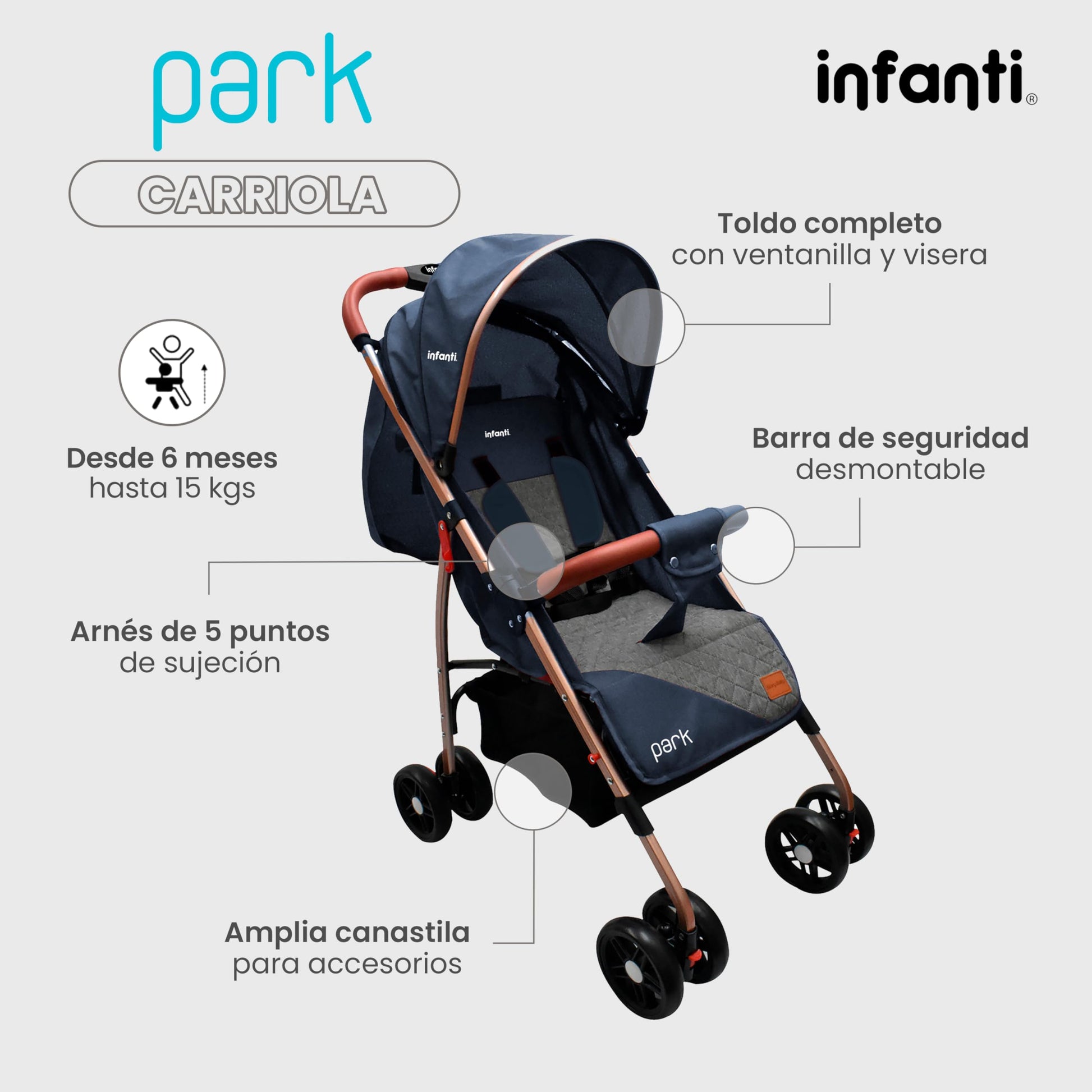 INFANTI | Carriola para Bebe con Mosquitero PARK | Carreola con Portabebé - Carriola de Viaje - Carrito para Bebe | Charola Barra de Seguridad Desmontable | Cosas para Bebes 6 Meses hasta 15 kg