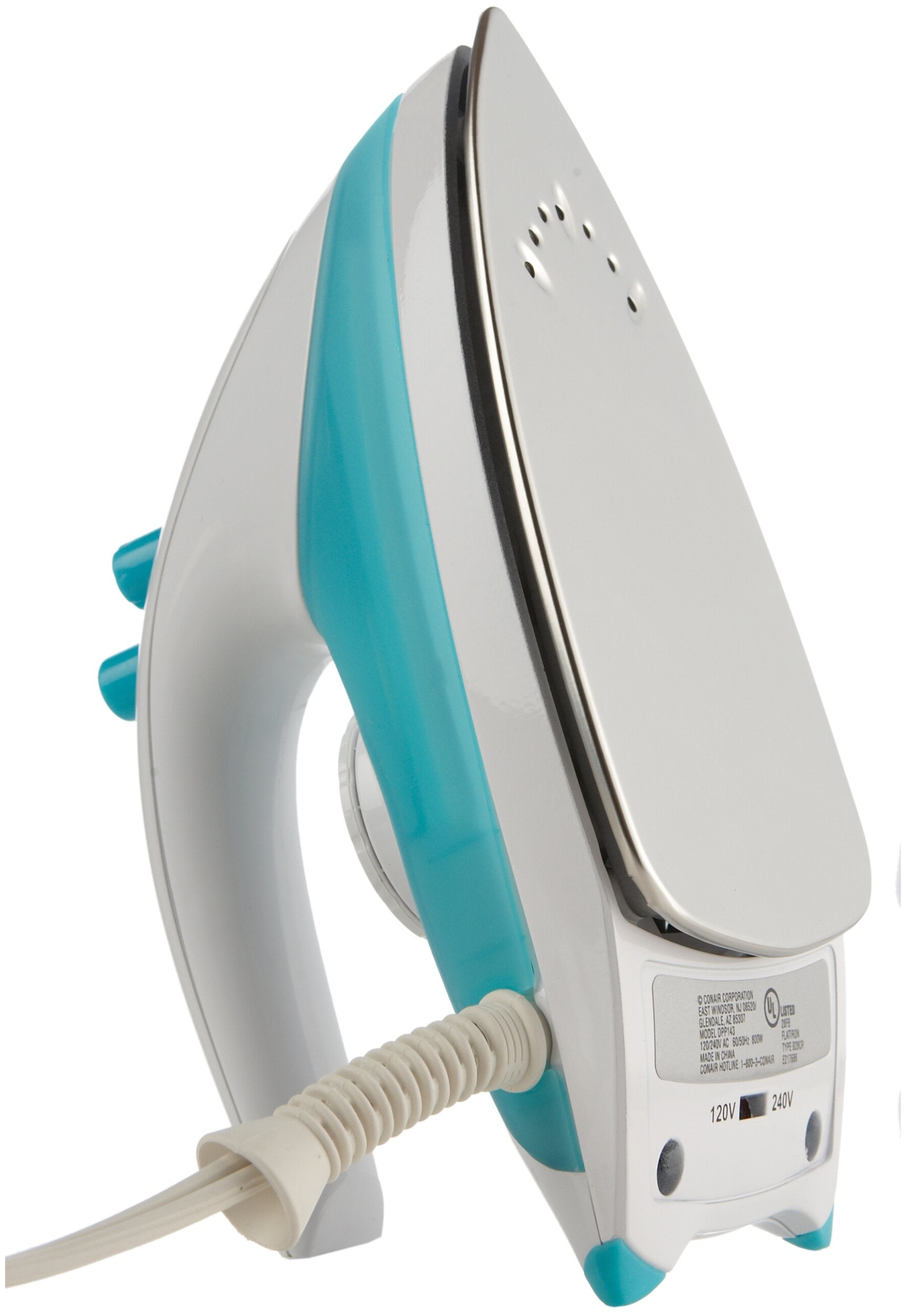 Conair DPP143 Dry & Steam iron Stainless Steel soleplate 800W Turquesa, Color blanco - Plancha (Plancha vapor-seco, Suela de acero inoxidable, 2.4 m, Turquesa, Blanco, 800 W)
