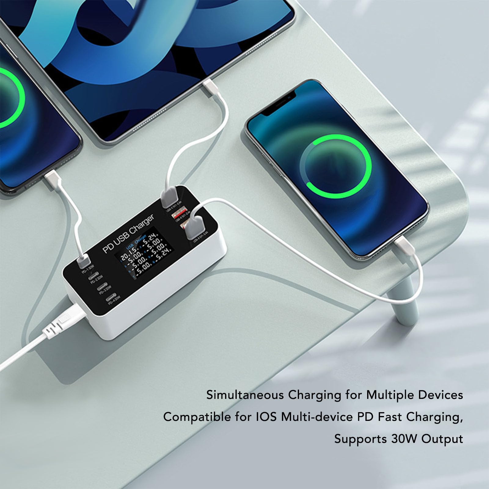 ciciglow Cargador USB, Estación de Carga USB de 8 Puertos de 65 W, Cargador de Concentrador USB Multipuerto, Pantalla LCD de Tamaño Compacto, Compatible con Auriculares Bluetooth para