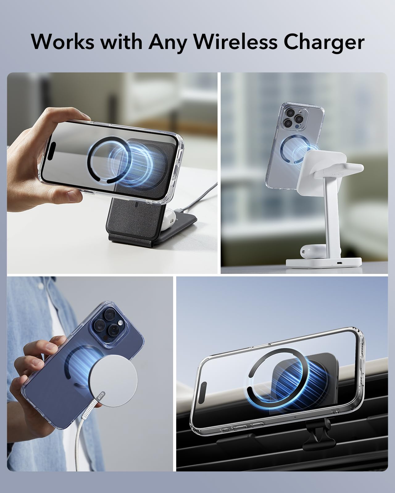 Anillo Ultrafino ESR MagSafe Transparente para Conversión de Cargador Inalámbrico iPhone y Galaxy