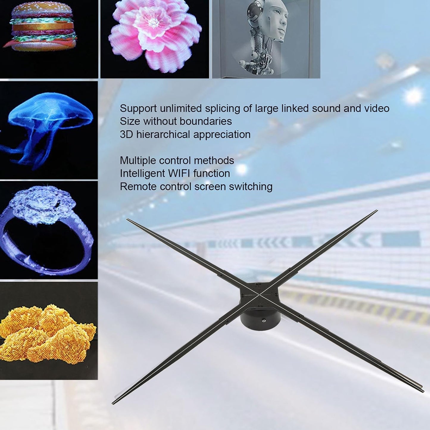 Máquina de Proyección Holográfica 3D, AC 100‑240V Ventilador de Proyección Holográfica 3D de Alta Resolución de 100 Cm para Hotel (Enchufe de EE. UU.)