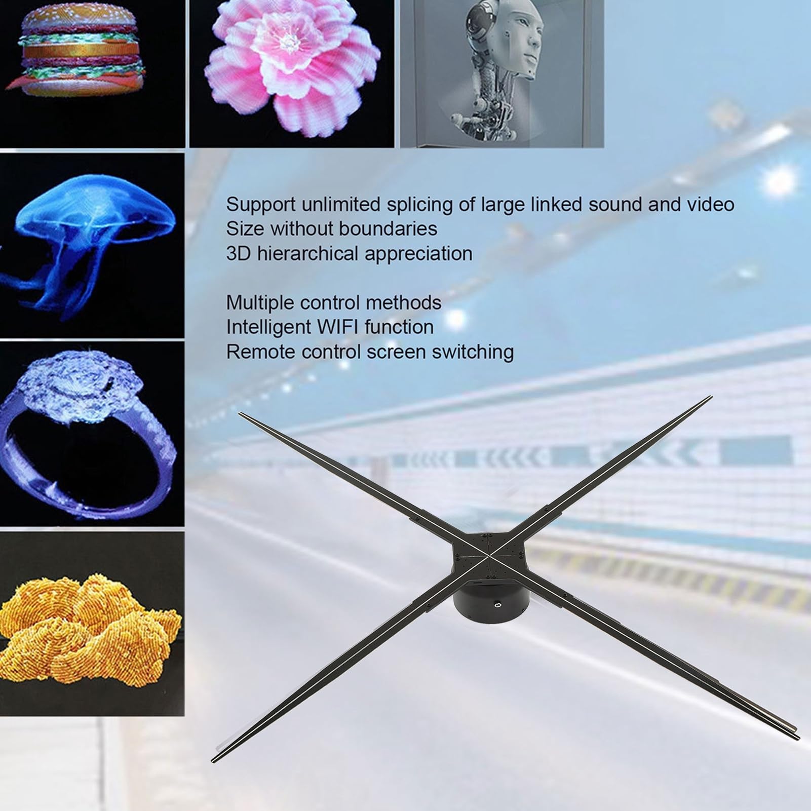 Máquina de Proyección Holográfica 3D, AC 100‑240V Ventilador de Proyección Holográfica 3D de Alta Resolución de 100 Cm para Hotel (Enchufe de EE. UU.)