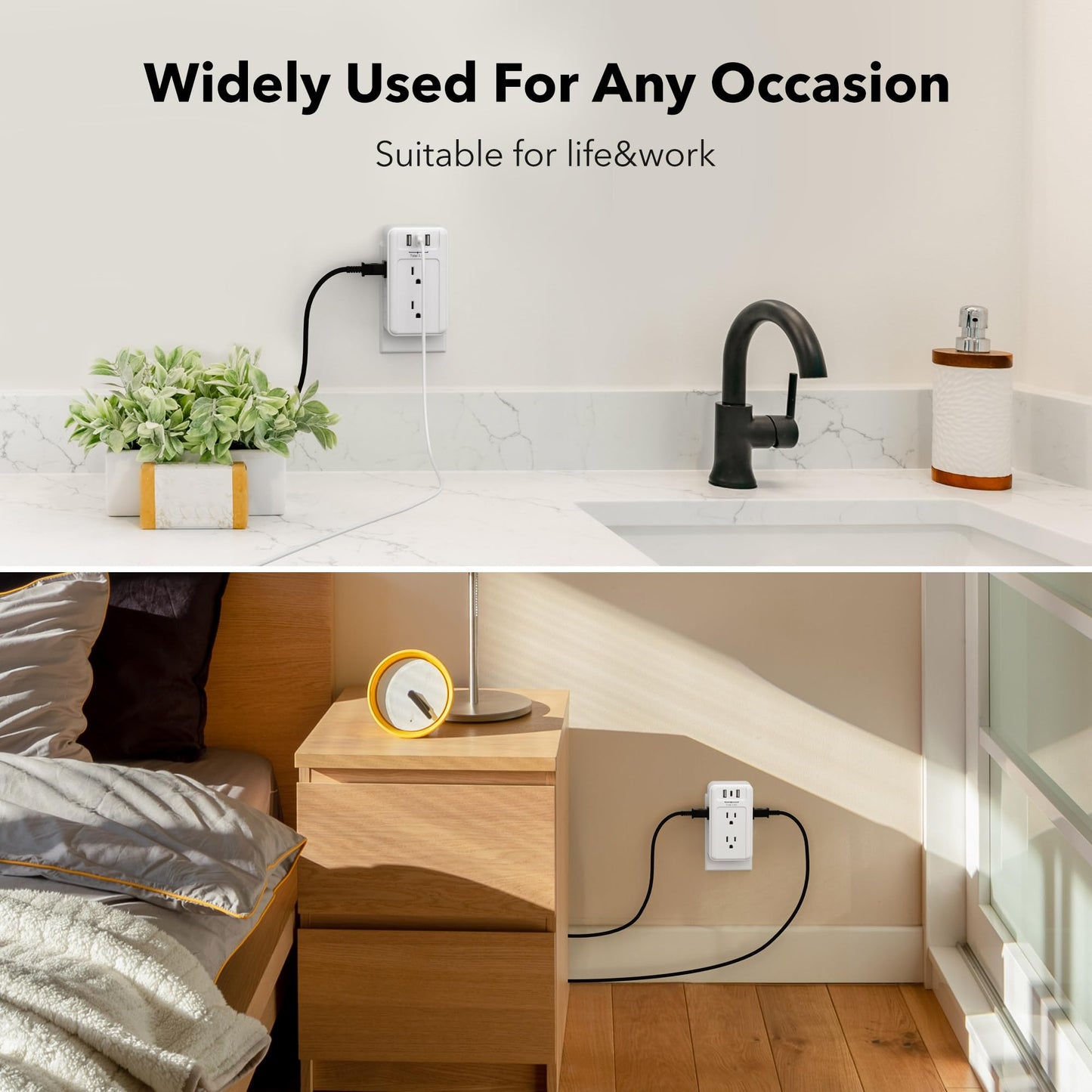 BN-LINK - Extensor de enchufe múltiple de 6 salidas de pared con 3 puertos de carga USB (1 USB C) Total 3.4A, divisor de 3 lados, enchufe de pared múltiple para hogar, oficina, recámara