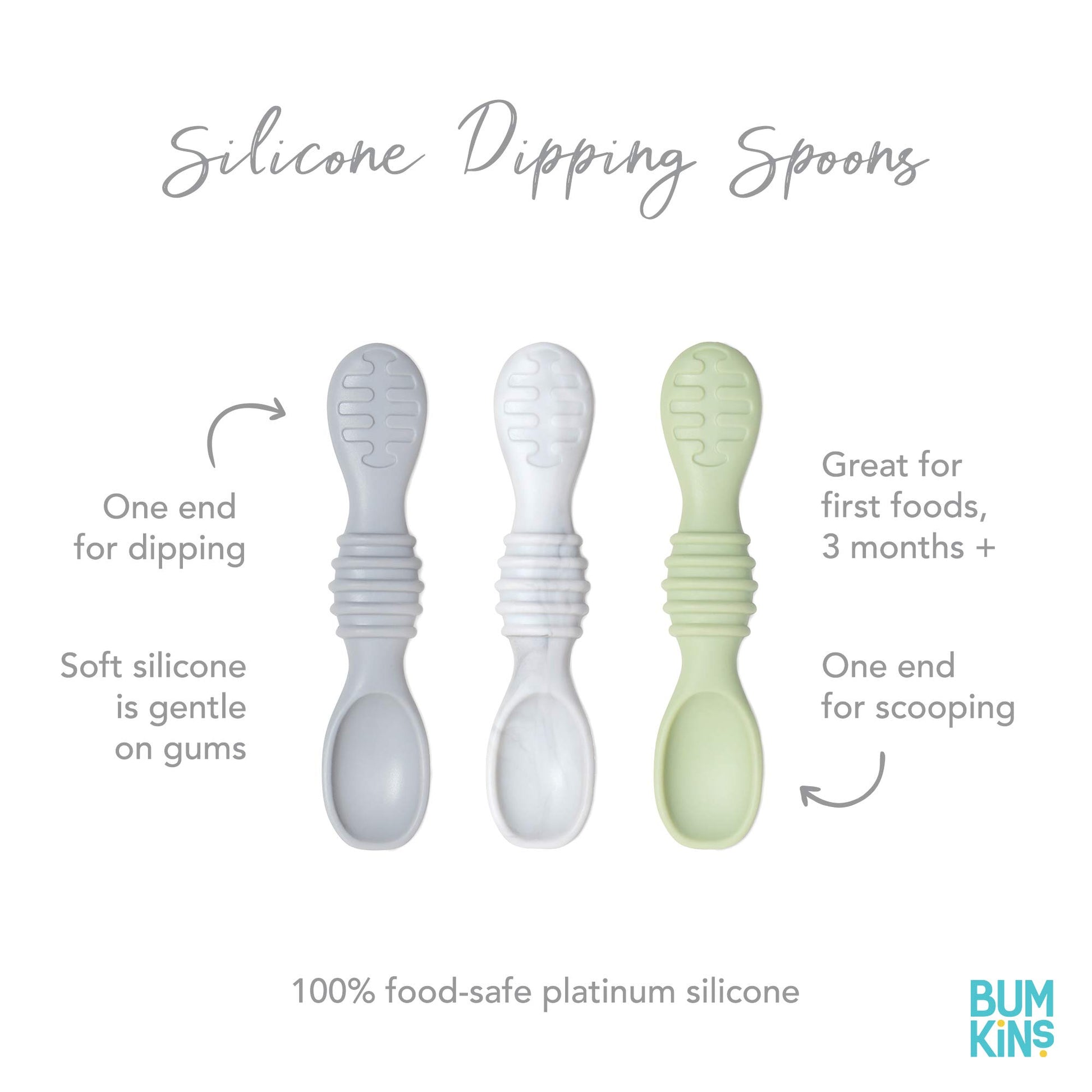 Bumkins - Juego de utensilios para bebé, cucharas de entrenamiento de silicona para sumergir, punta suave, autoalimentación, masticar, destete LED para bebé, suministros de entrenamiento para el