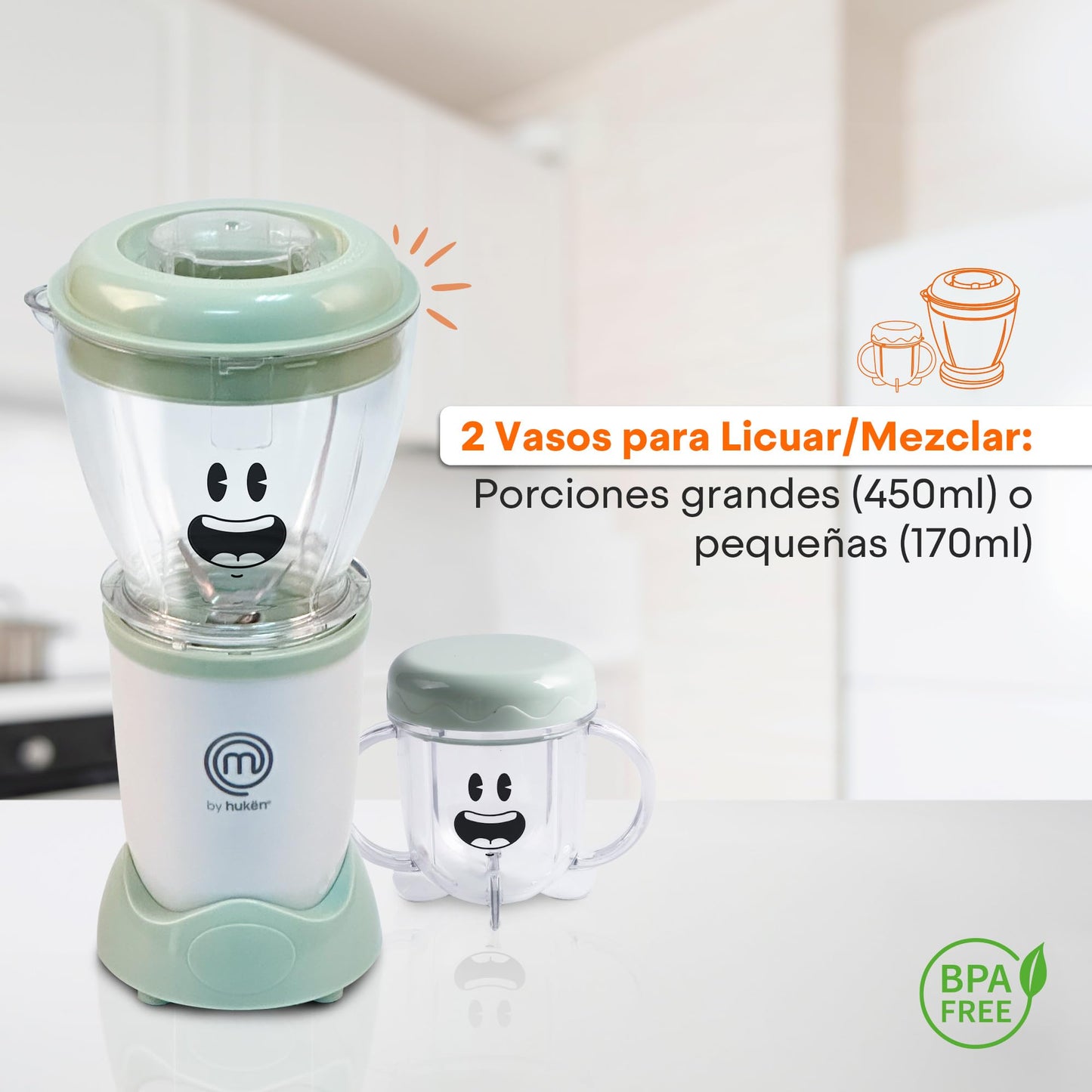 Hukën x MasterChef | Set de Licuadora Nutri-Baby | 2 Aspas para Papillas y Cereales | Vasos de 450 ml y 170 ml | 6 Contenedores con Fecha | Bandeja para Congelar