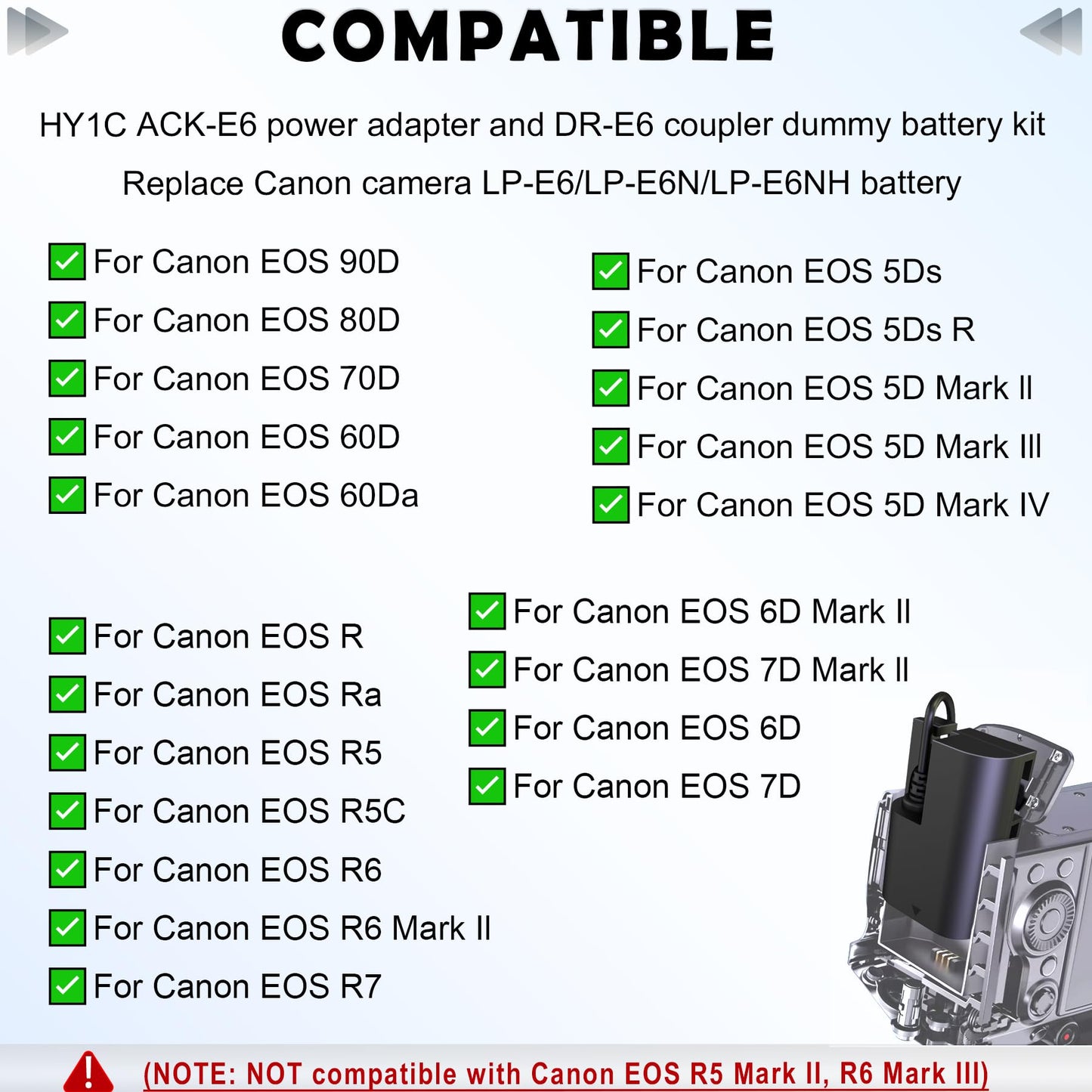 DR-E6 - Kit adaptador de corriente alterna para Canon EOS R,R5,R6,R7,R5C,80D,90D,70D,5DS,5DS-R,5D Mark II III IV y 6D, 7D Mark II II II de DR-E6