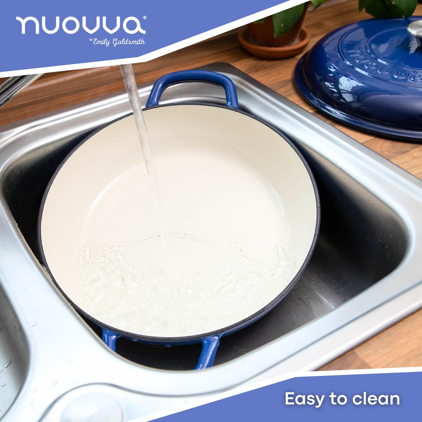 Nuovva - Cacerola de hierro fundido poco profunda con tapa, olla antiadherente para horno holandés, utensilios de cocina resistentes a prueba de horno, olla esmaltada, color azul oscuro, 5 cuartos de galón, 32 cm