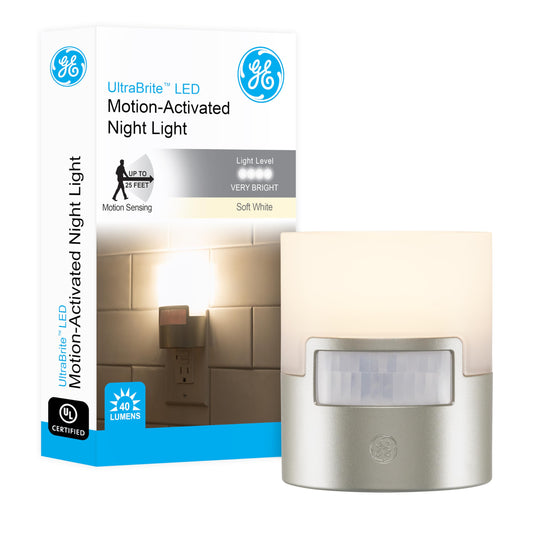 GE Enbrighten Luz De Noche Plateada Led Con Sensor De Movimiento 1 Pieza 40 Lúmenes Enchufable Blanco Suave Certificacion UL Ideal Para Dormitorio Guardería Baño Oficina Escaleras 29844