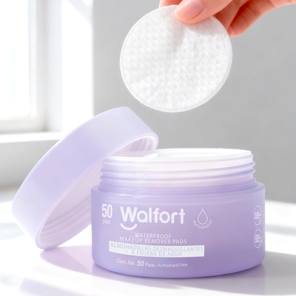Walfort | Pads desmaquillantes waterproof. Remueven maquillaje a prueba de agua. Ideales para el cuidado diario de la piel. Caja con 2 productos