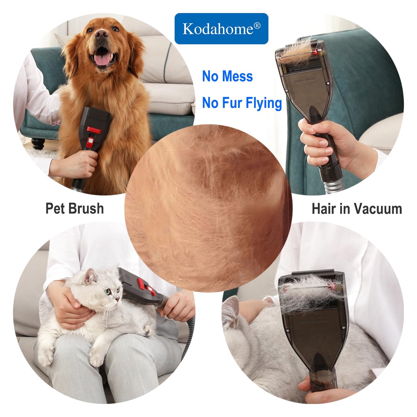 Kodahome Dog Shedding Brush Vacuum Attachment - Kit de herramientas para el novio de mascotas para la mayoría de las aspiradoras, con manguera de extensión Vac con adaptadores universales