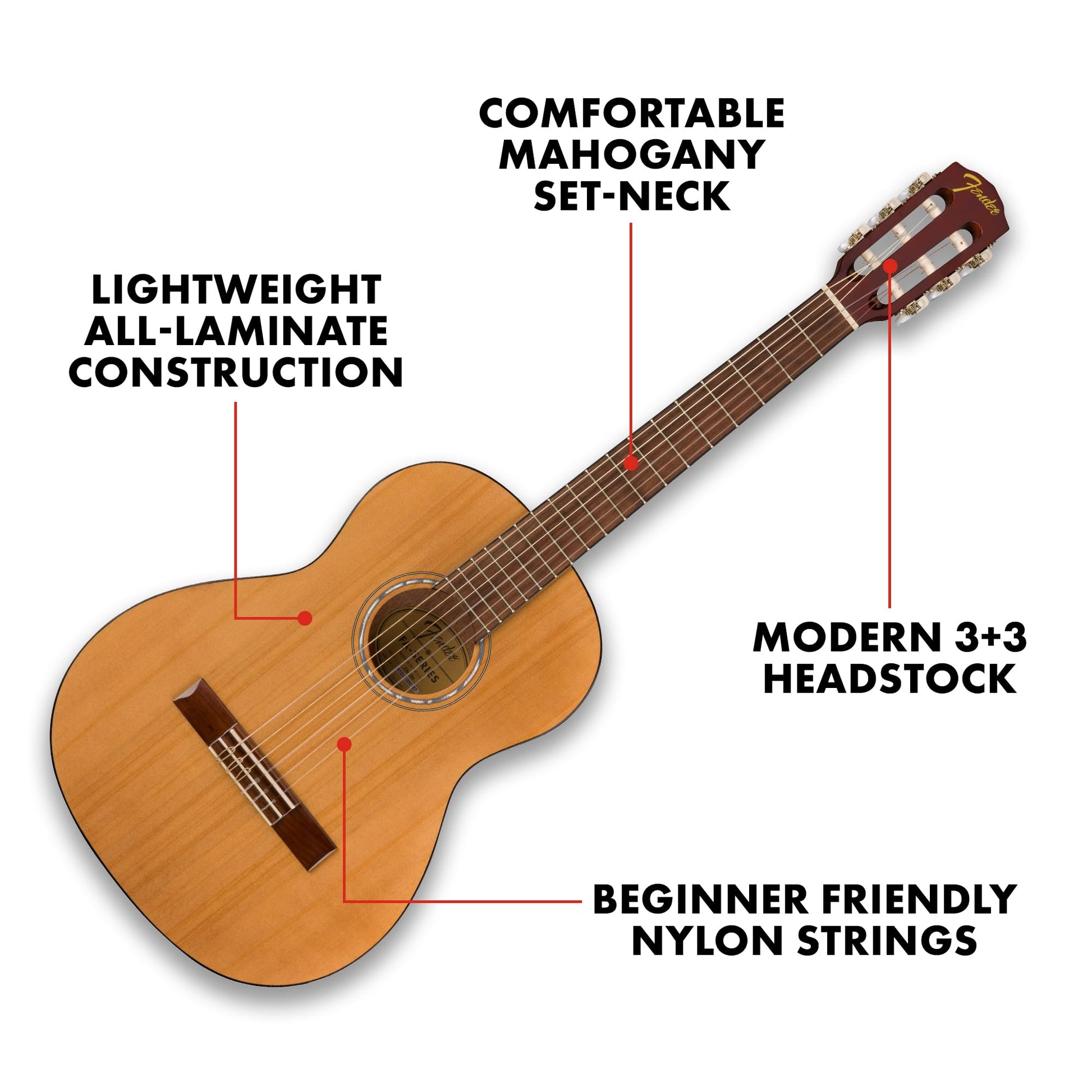 Fender Kit de inicio de guitarra acústica de tamaño 3/4 para principiantes con cuerdas de nailon, bolsa, afinador, correa y garantía de 2 años