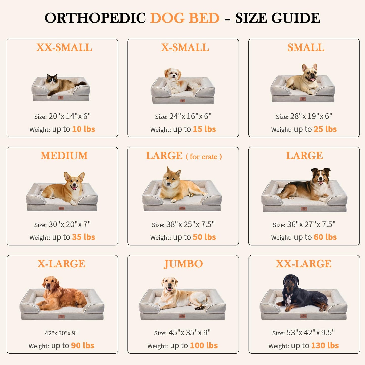 Comfort Expression - Camas grandes para perros impermeables de espuma ortopédica para perros, cómoda cama para mascotas con funda extraíble lavable y parte inferior antideslizante (L, beige)