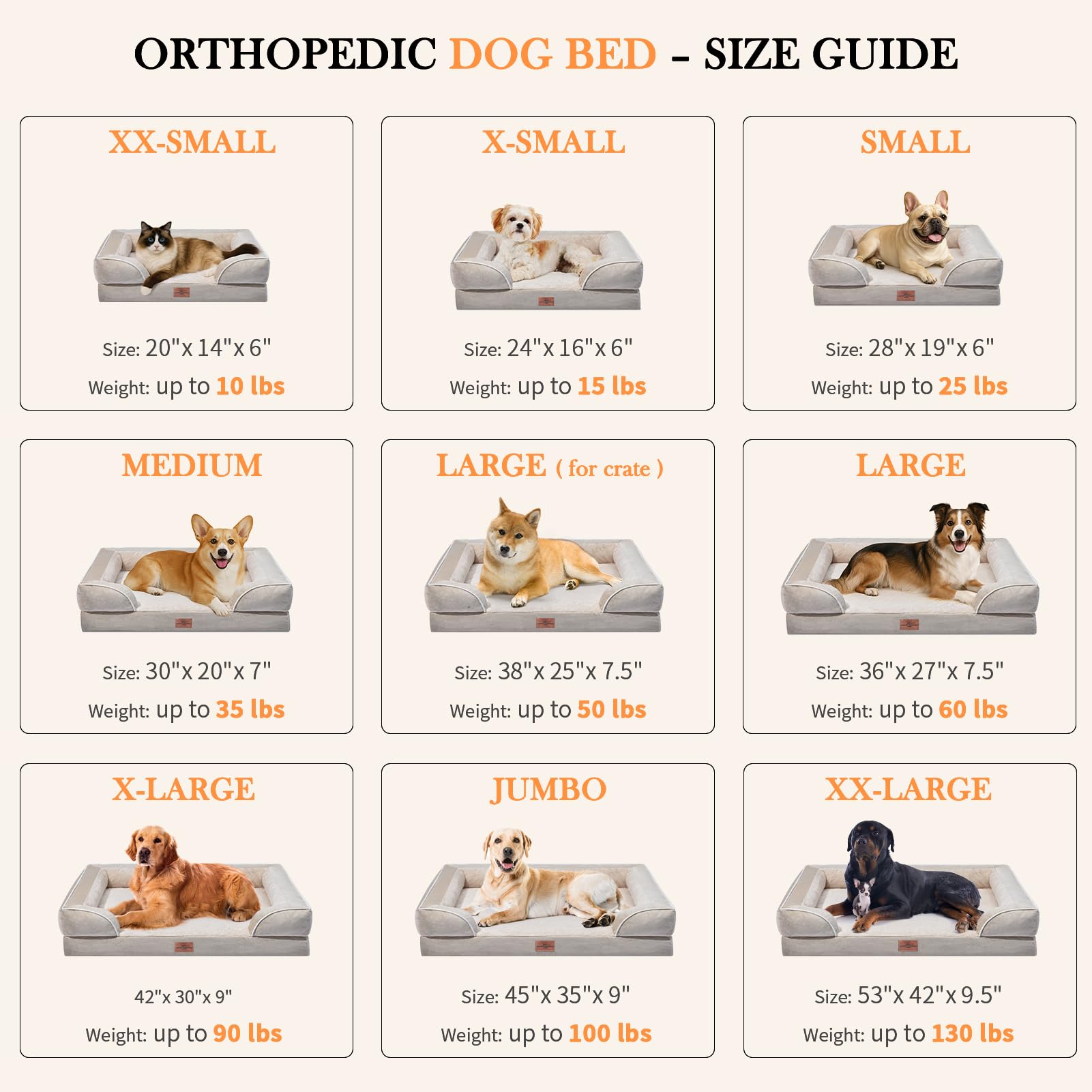 Comfort Expression - Camas grandes para perros impermeables de espuma ortopédica para perros, cómoda cama para mascotas con funda extraíble lavable y parte inferior antideslizante (L, beige)