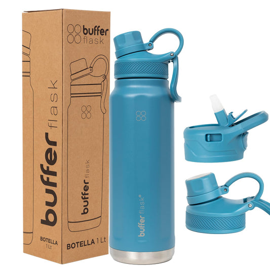 BUFFER FLASK - Termo de Acero Inoxidable | Botella de Agua Aislante, Termos Agua Fría (24 horas) o Caliente (12 horas) | Antigoteo, Hermético | Incluye tapas | 1000 ml - 32 Oz| Color Blue Verdi