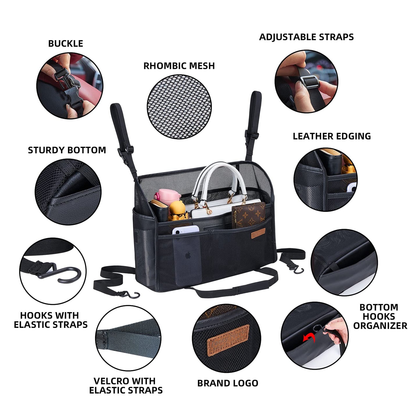 WLLWOO Organizador de Bolso de Red para Coche, Soporte para Bolso de Mano Entre Asientos, Almacenamiento Trasero, Soporte para Monedero para Consola, Barrera de Almacenamiento para Asiento Delantero