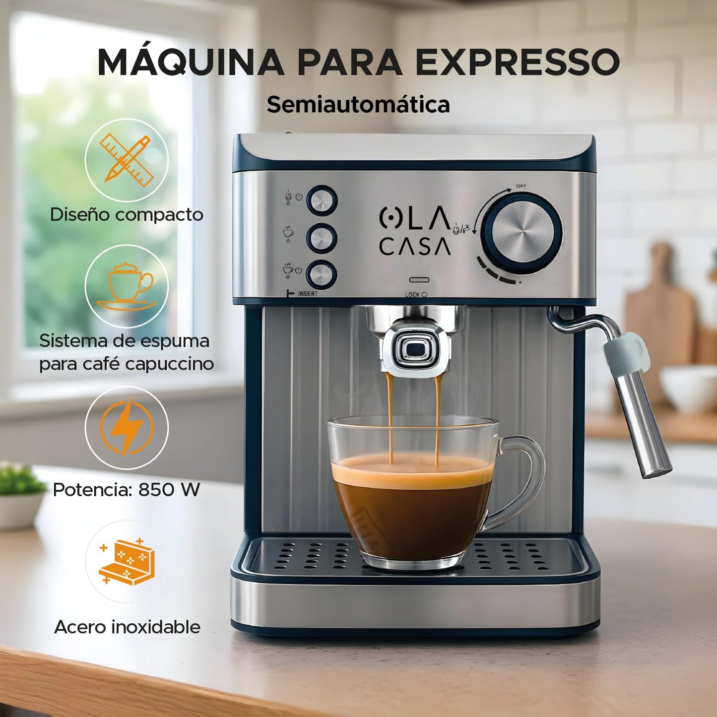 Máquina de Café Espresso OC OLA CASA Acero Inoxidable con Espumador y Placa Calentadora