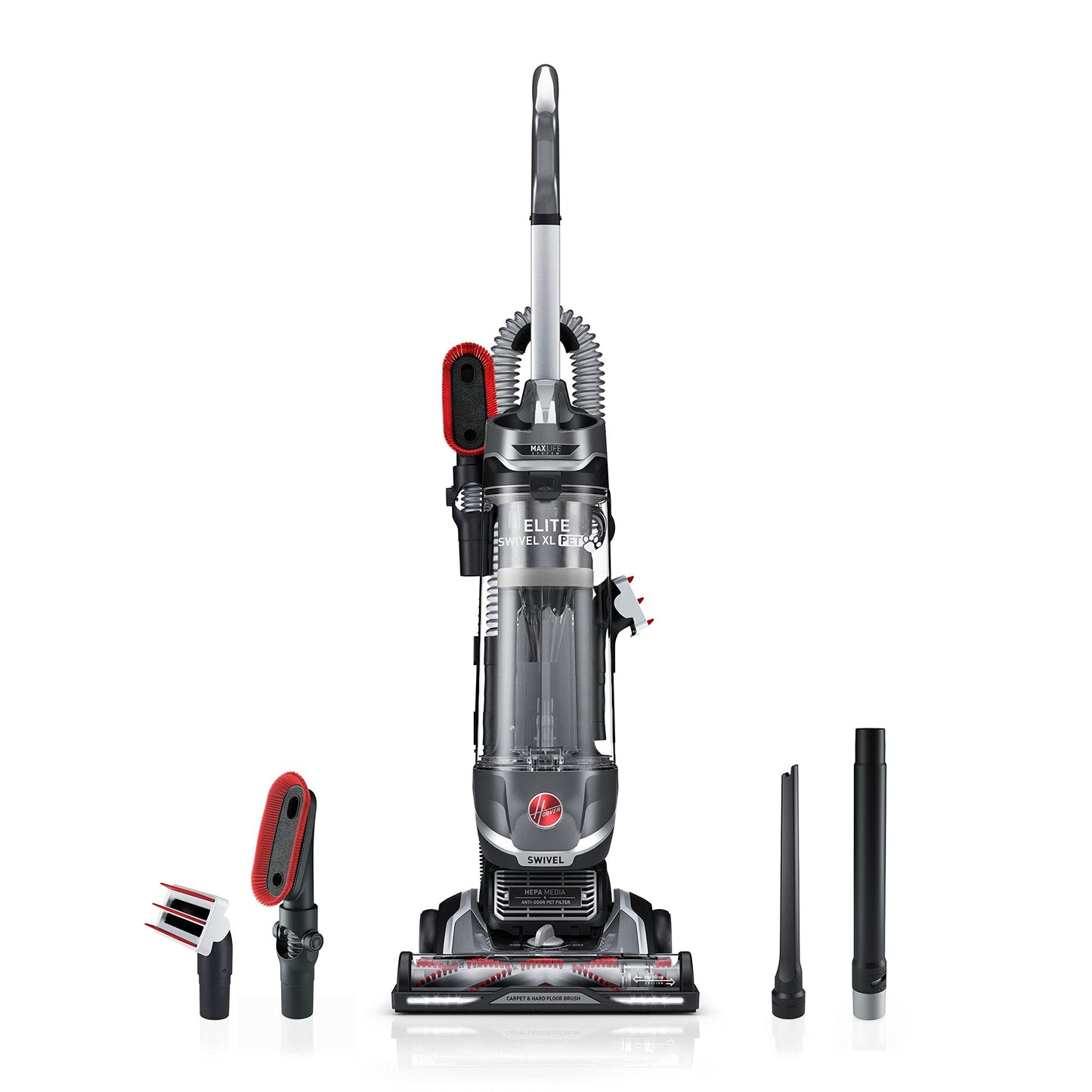 Hoover - Aspiradora Para Mascotas Maxlife Elite Swivel Xl Con Filtración De Medios Hepa, Alfombras Y Pisos Duros, Gris, Vertical Uh75250 Sin Bolsa, 16 Libras