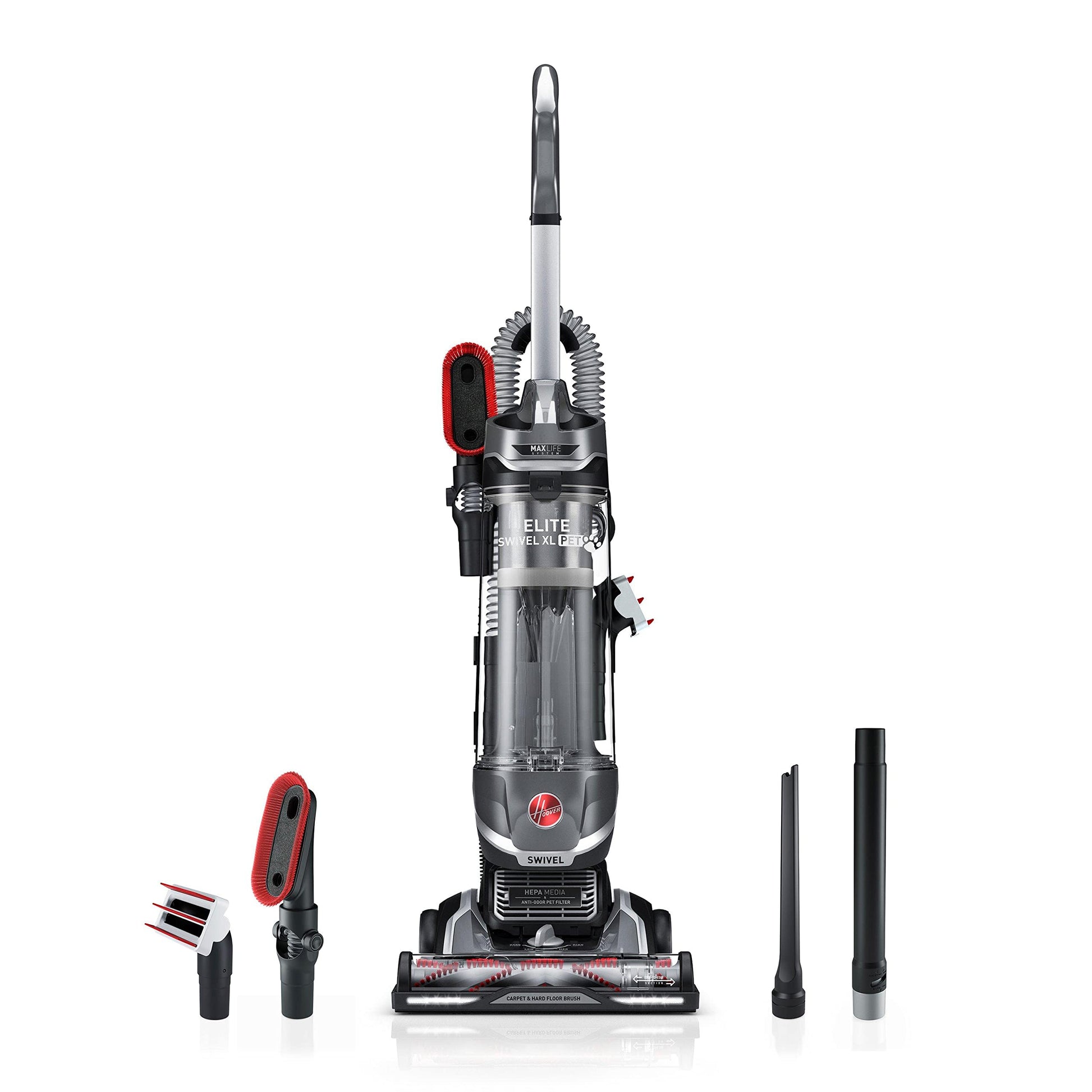 Hoover - Aspiradora Para Mascotas Maxlife Elite Swivel Xl Con Filtración De Medios Hepa, Alfombras Y Pisos Duros, Gris, Vertical Uh75250 Sin Bolsa, 16 Libras