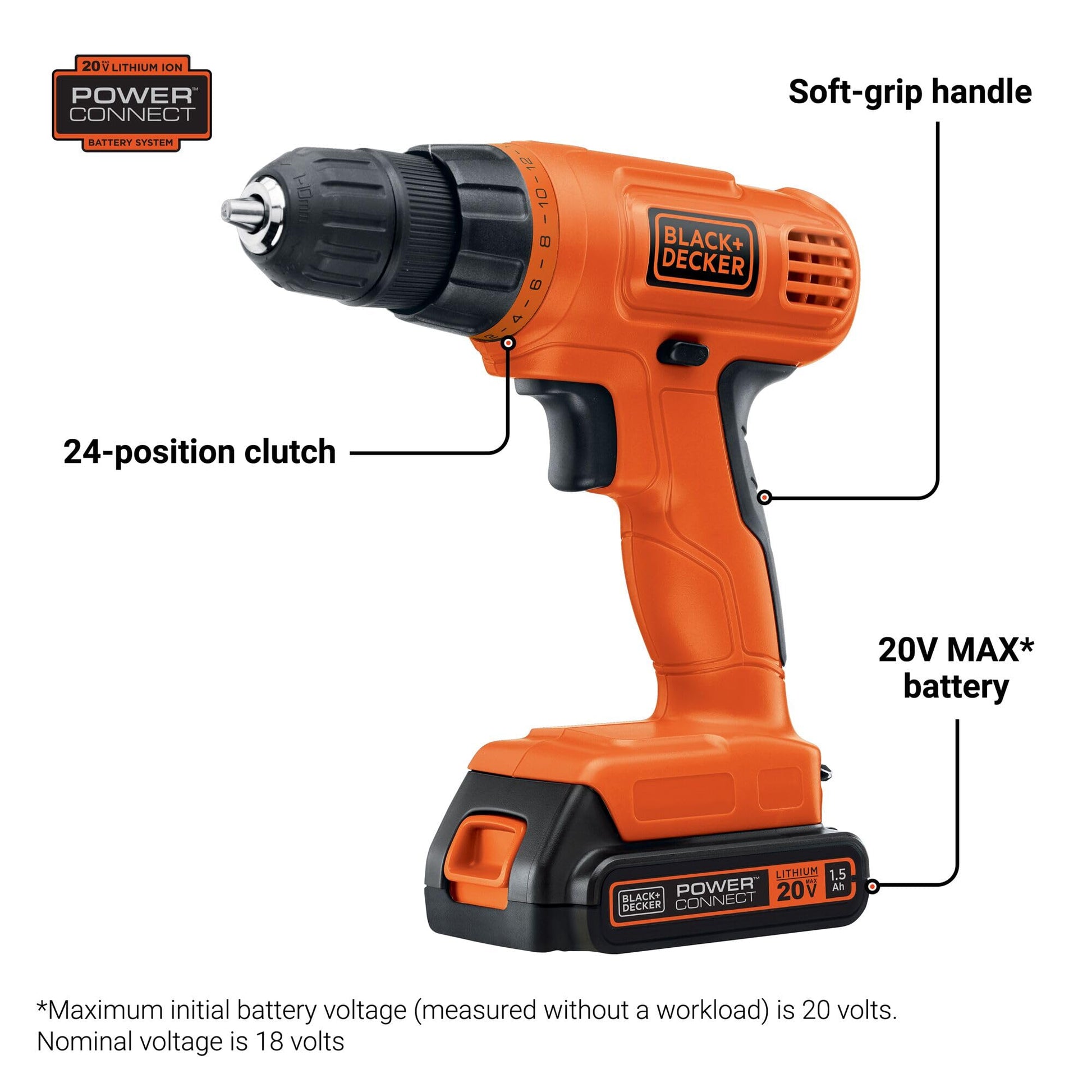 BLACK+DECKER 20 V MAX* POWERECONNECT Taladro/desarmador inalámbrico + 30 piezas. Kit (LD120VA).