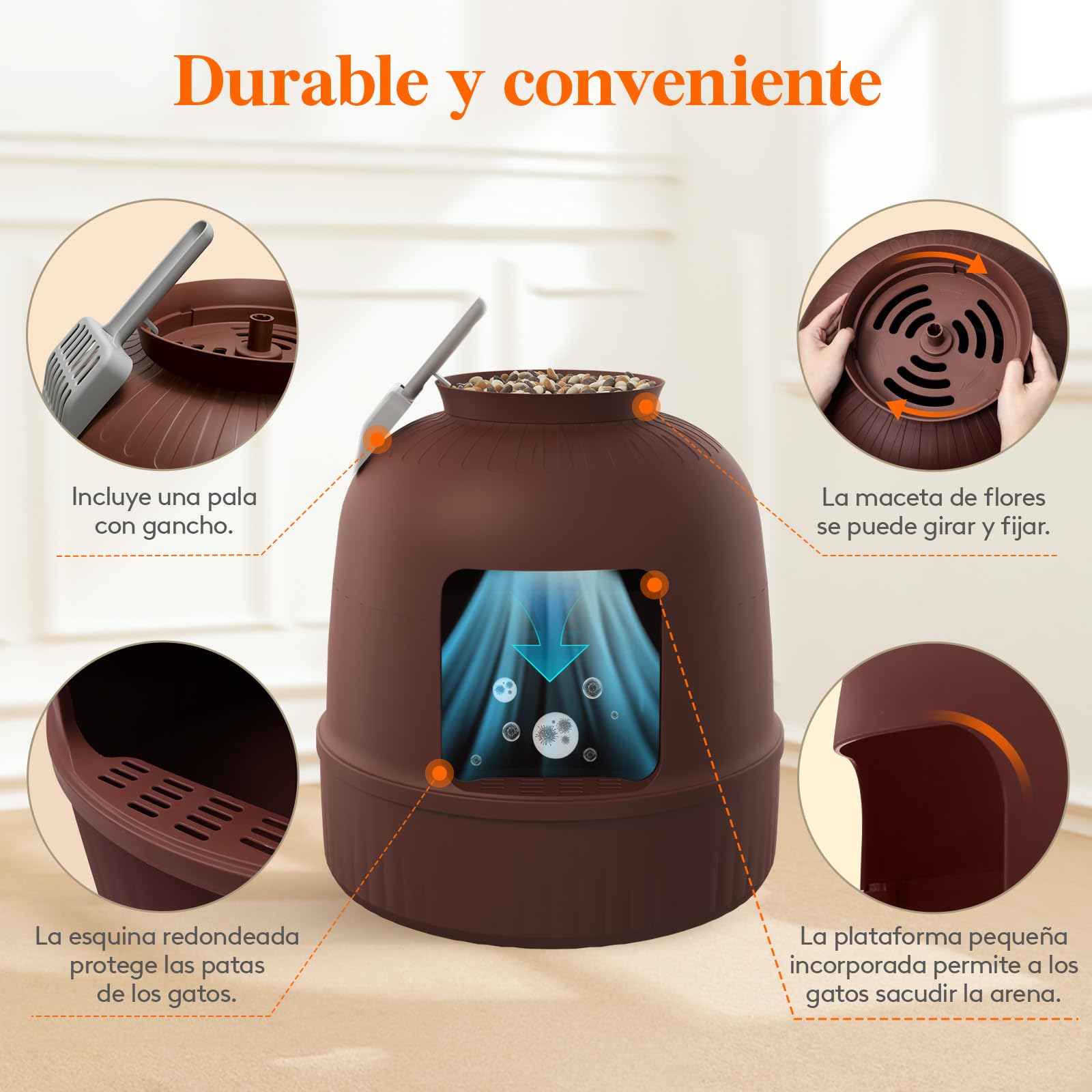 Lifewit Caja de Arena con Planta sintética y Pala para Gatos Grandes, Bandeja de Arena Oculta en Esquina con Control de olores y Filtro de Carbono en salón/Dormitorio/baño, Marrón