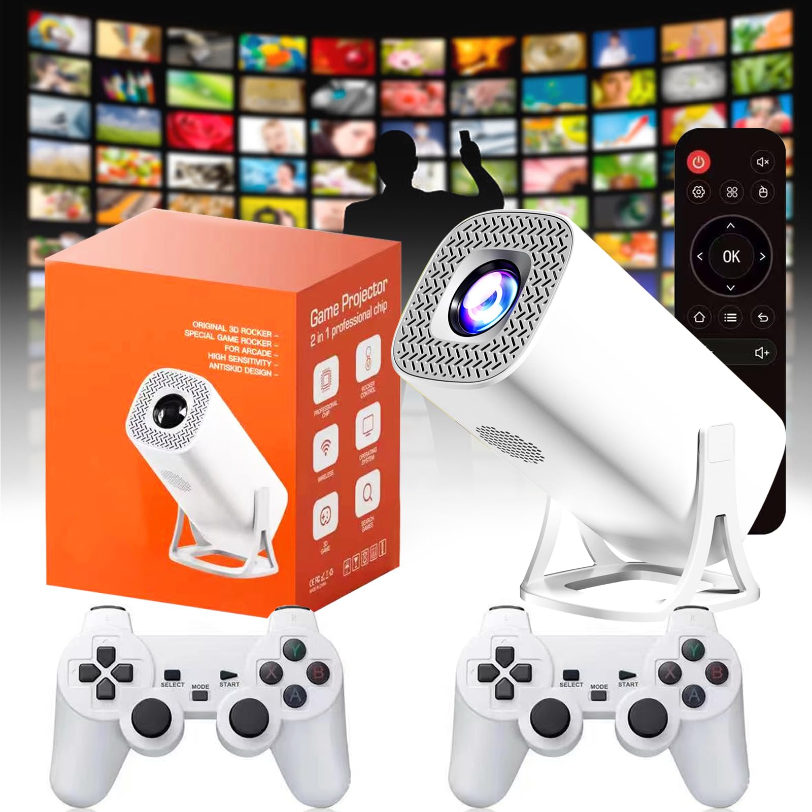 Mini Proyector Compatible 1080P 4K Juego Retro con Controladores Inalámbricos