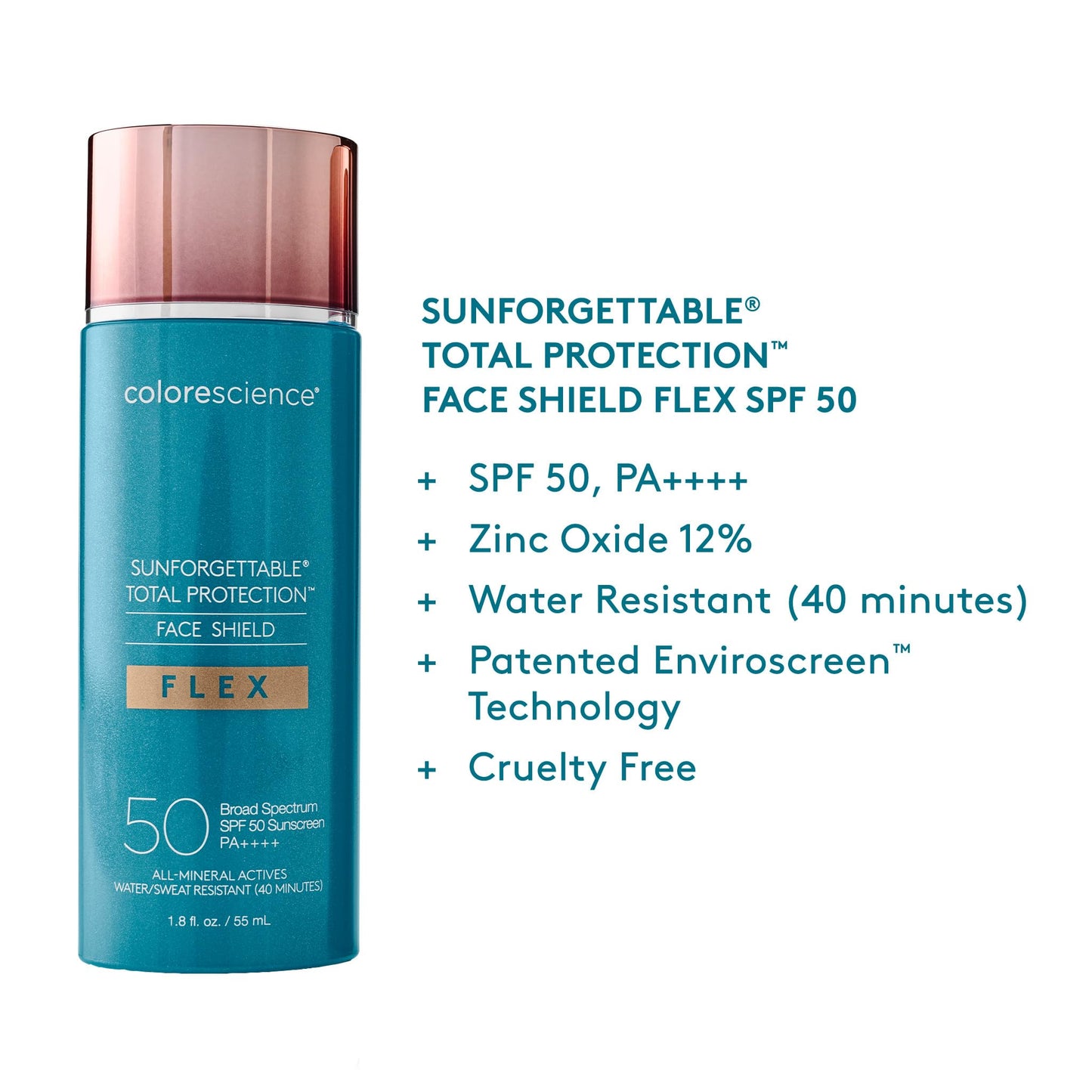 Colorescience. Sunforgettable Total Protection Face Shield Flex SPF 50 /PA++++, UVA /UVB, Protector solar mineral facial con color y cobertura - tono Fair, antioxidantes, resistente al agua, sin quimicos ni aceites, textura media, 55ml.