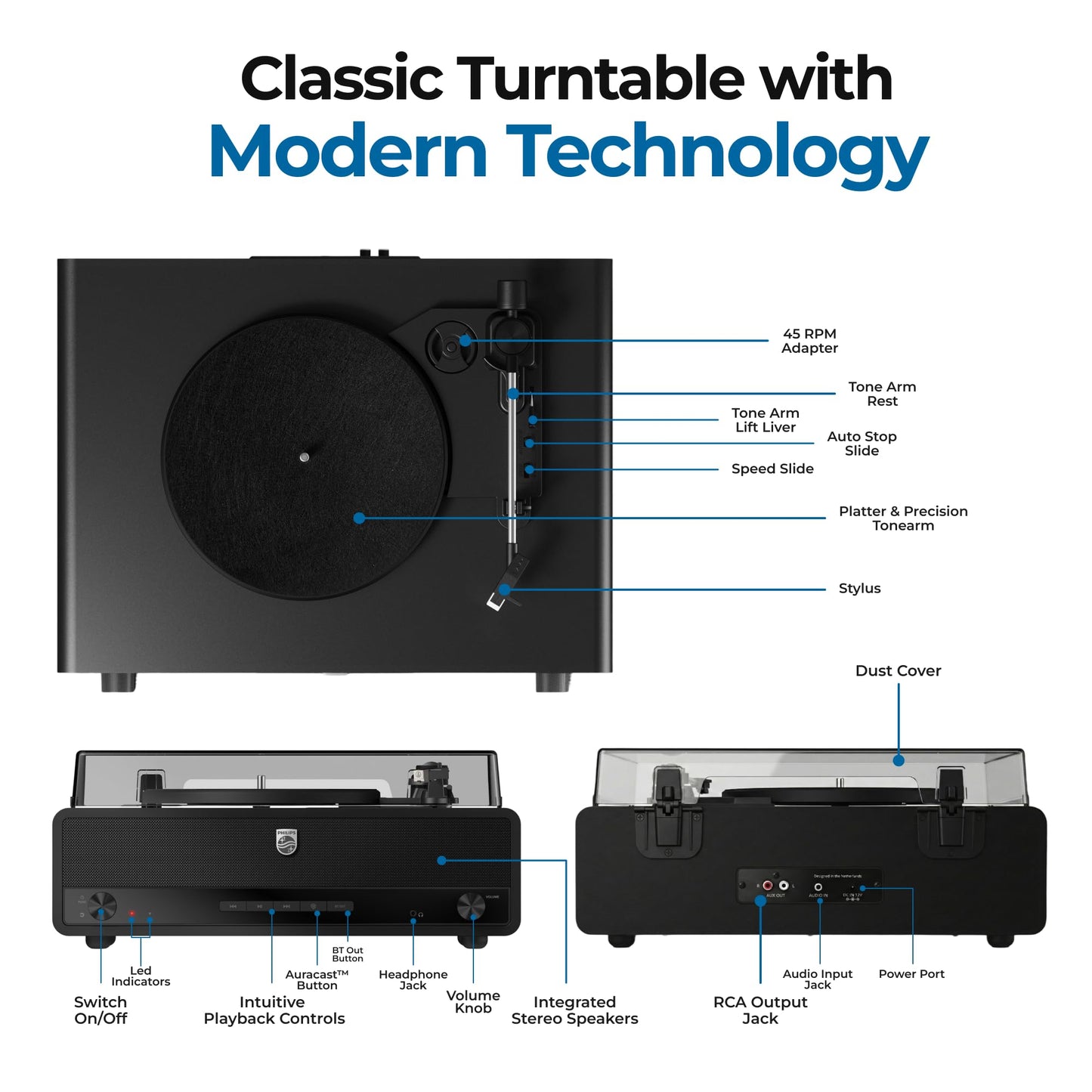 Philips Reproductor de grabación de tocadiscos Bluetooth todo en uno con altavoces integrados, reproductor de vinilo de 3 velocidades, lápiz Audio-Technica, entrada y salida de transmisión inalámbrica