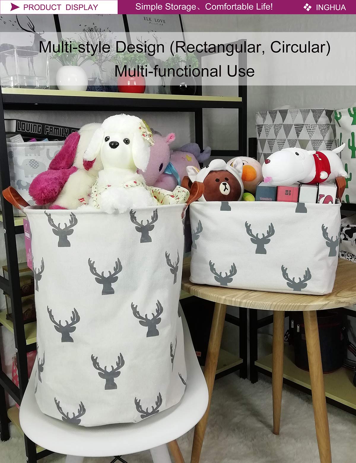 INGHUA - Cesta Rectangular de Almacenamiento para Juguetes, Libros, Ropa, Regalos, Mascotas, Perfecto para el hogar, Oficina, guarderia, recamara, Estante, Venado