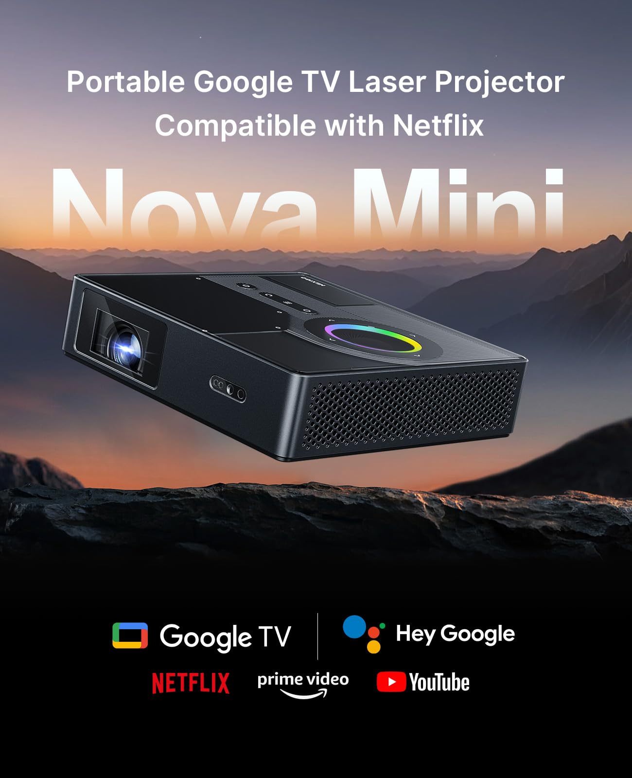 NexiGo Nova Mini, proyector láser portátil, Google TV con Netflix, 1080p FHD, 1200 lúmenes, contraste 15000:1 con SAE, 3D, configuración automática, pantalla de 381 cm, audio Dolby de 8 W, portátil