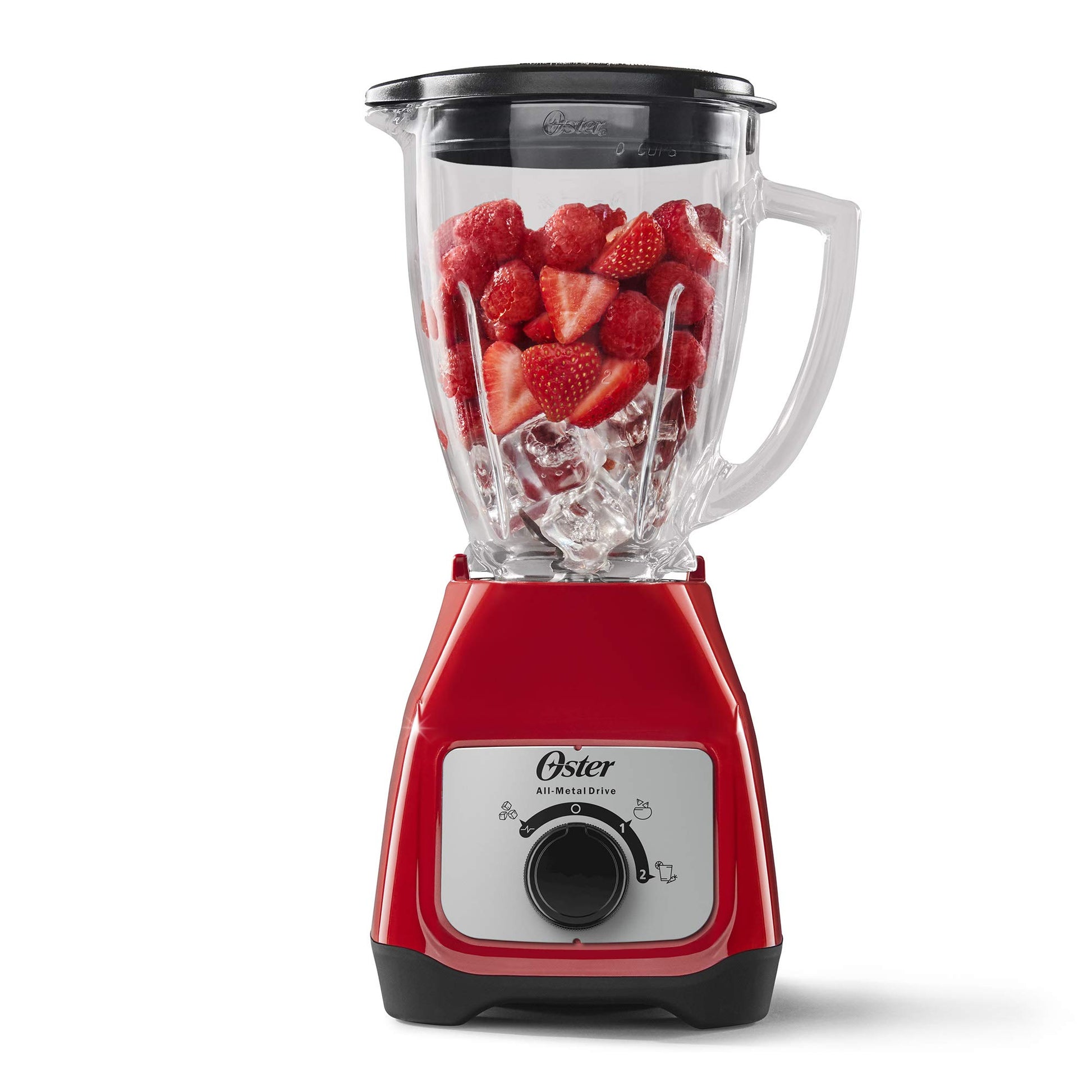 Licuadora Oster Roja con Vaso de Vidrio y Control de Perilla