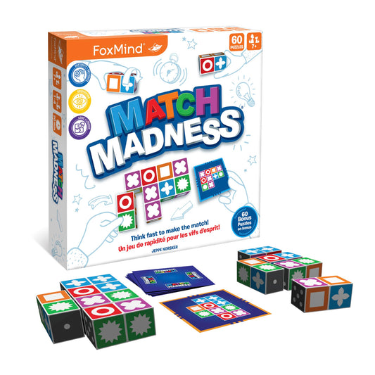 FoxMind Juegos: Match Madness, un juego de rompecabezas a juego, Think Fast to Make the Match, desarrolla habilidades rápidas de resolución de problemas, habilidades motoras finas, juega con hasta 4 jugadores, para edades de 7 años en adelante