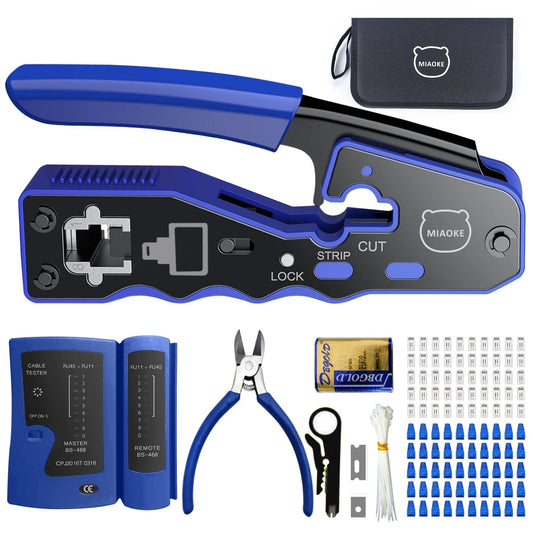 MIAOKE Kit De Crimpadora 11 En 1, Crimpado de Paso RJ45, 50 conectores de paso CAT6, 50 cubiertas protectoras RJ45 Cat6, Herramientas Profesionales De ReparacióN De Redes Con Pelacables, Comprobador