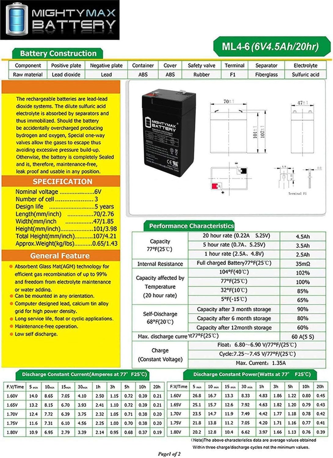 Batería Recargable SLA AGM Mighty Max 6 V 4.5 AH Terminal F1