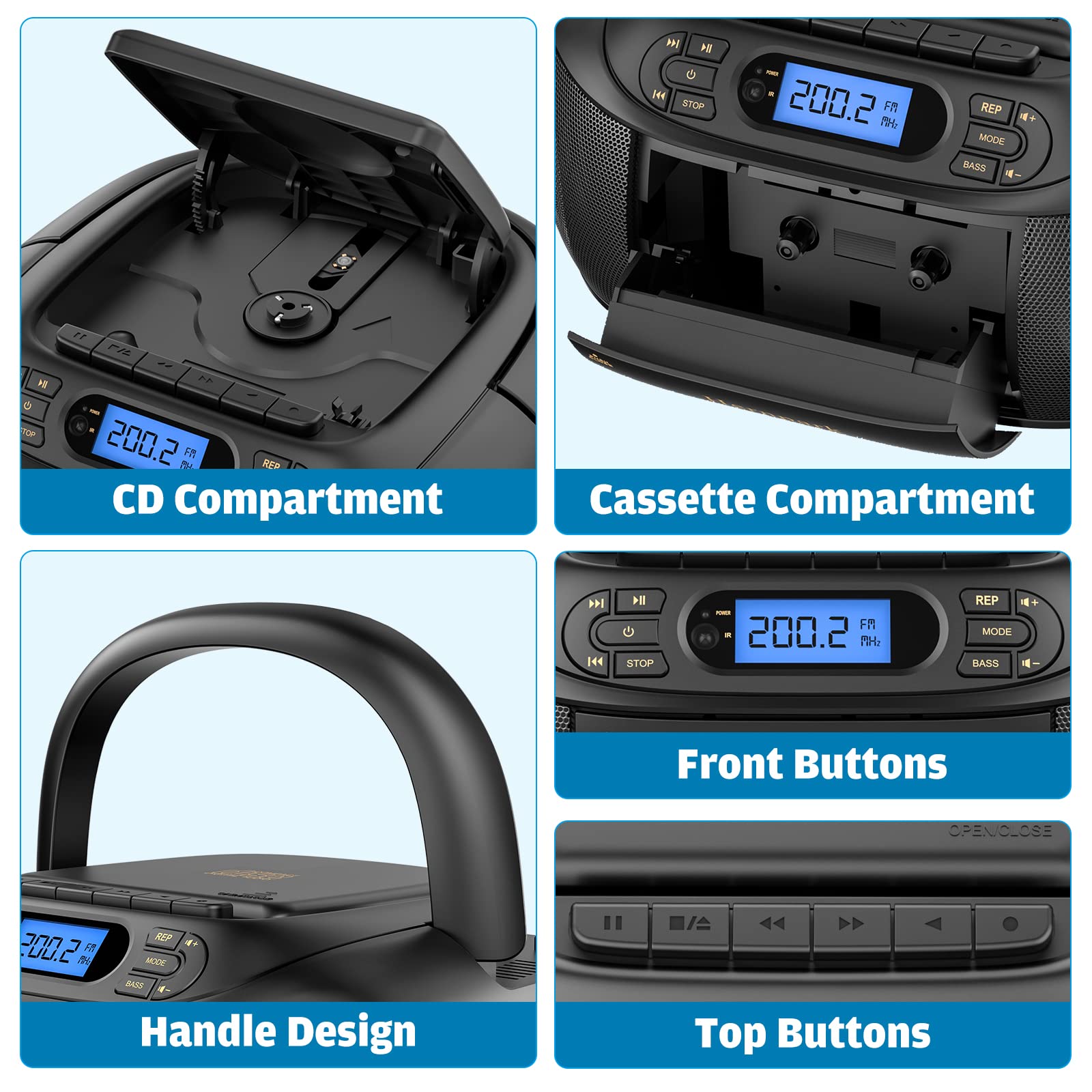 Hernpark - Combo de reproductor de casete de CD, caja de boombox recargable con Bluetooth 5.1, grabación de cinta, radio FM, súper graves, sonido estéreo, unidad auxiliar/USB, conector de auriculares,
