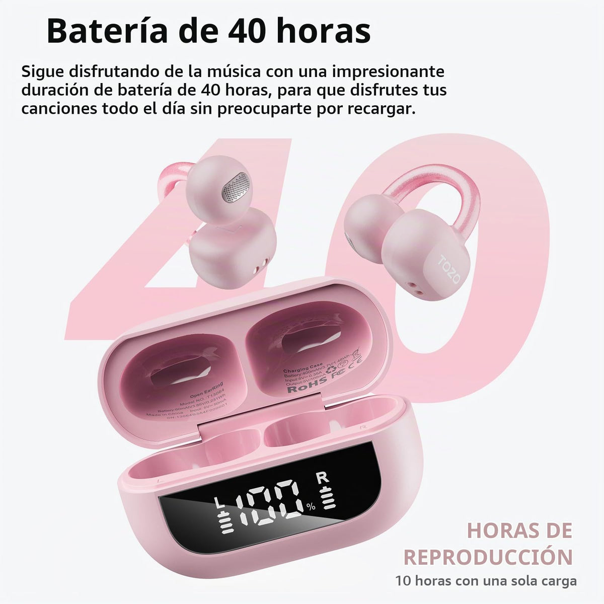 Auriculares Abiertos TOZO OpenEarRing Azul Ligero Bluetooth 5.4 40H