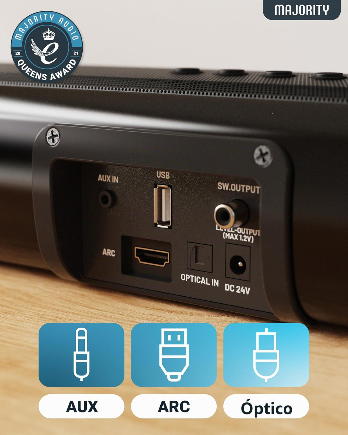 Barra de Sonido Bluetooth Majority Naga Negra 120W Sonido 3D con Subwoofer Integrado para Smart TV