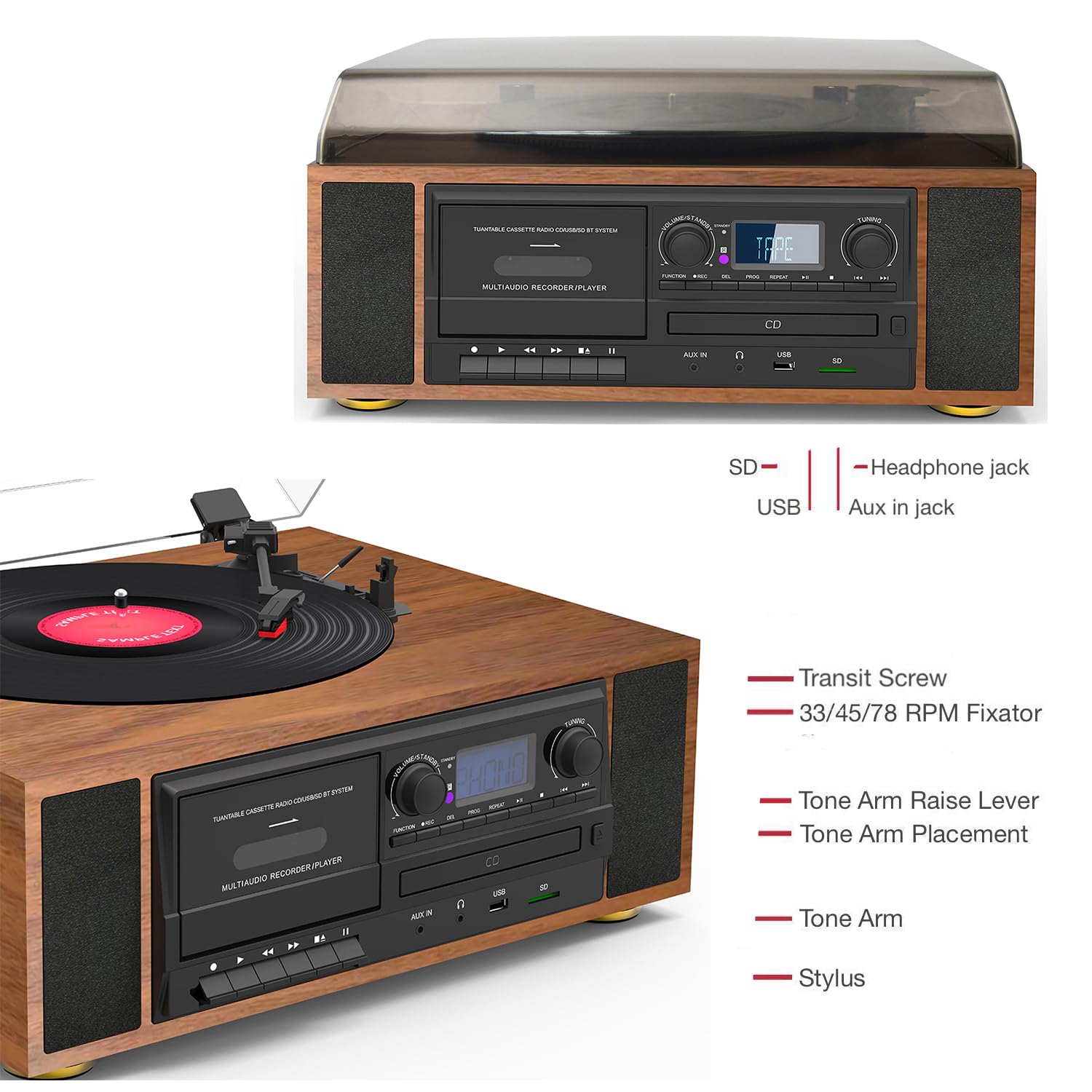 Boytone BT-38SM - Sistema de tocadiscos clásico Bluetooth, radio AM/FM, reproductor de CD/casete, 2 altavoces estéreo integrados, grabación de vinilo, radio y casete a MP3, ranura SD, USB, AUX.