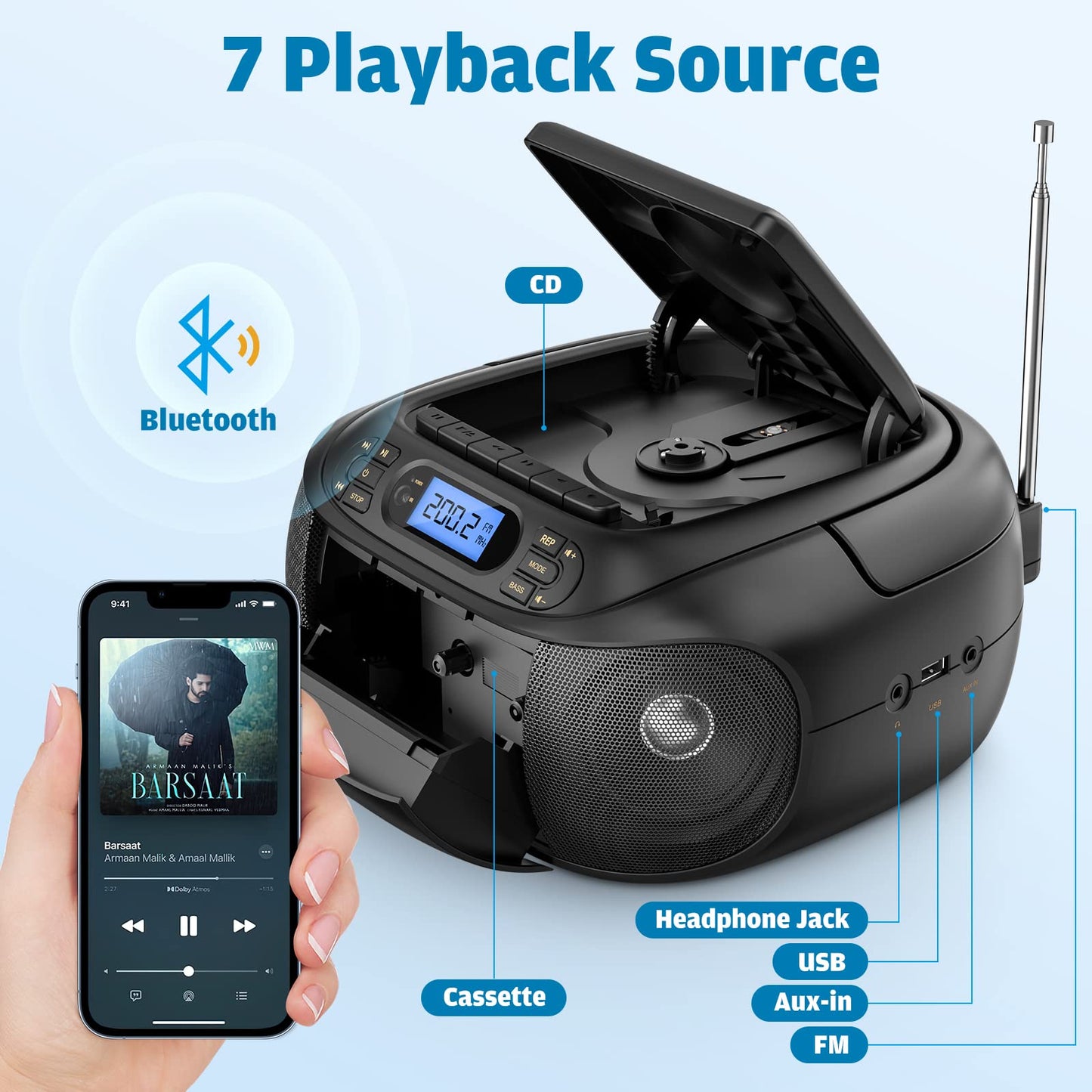 Hernpark - Combo de reproductor de casete de CD, caja de boombox recargable con Bluetooth 5.1, grabación de cinta, radio FM, súper graves, sonido estéreo, unidad auxiliar/USB, conector de auriculares,