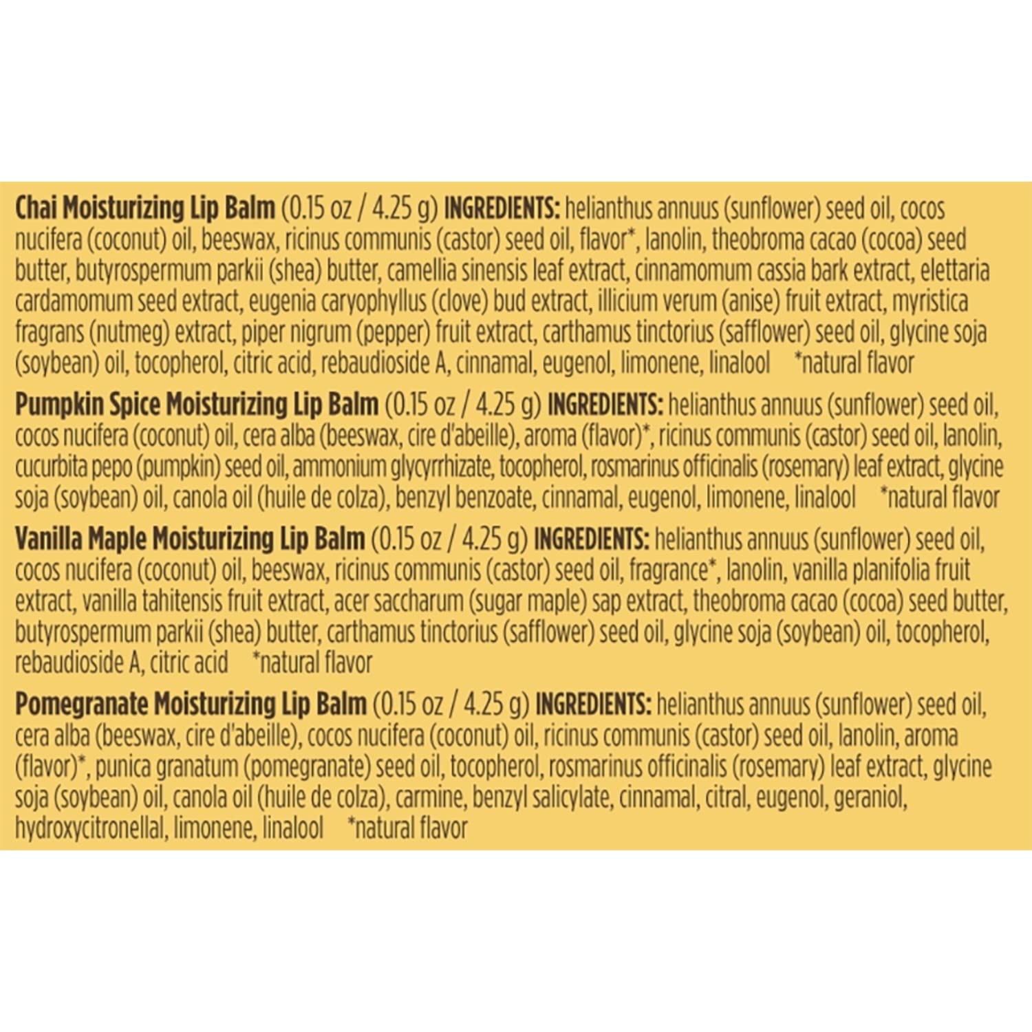 Burt's Bees 100% Natural Moisturizing Lip Balm, Winter Variety Pack, Chai Tea, Pumpkin Spice, Vanilla Maple, Pomegranate, 4 Tubes of Lip Balm