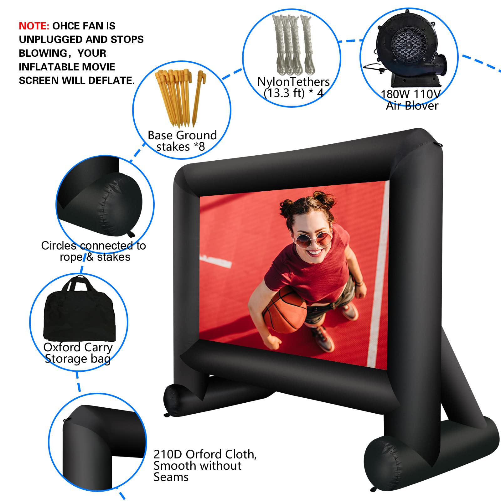 GZKYYLEGS - Pantalla Inflable para proyector de 14 pies con soplador de Aire y Bolsa de Almacenamiento, fácil de Instalar, proyección Delantera y Trasera para películas al Aire Libre, Noche, Patio