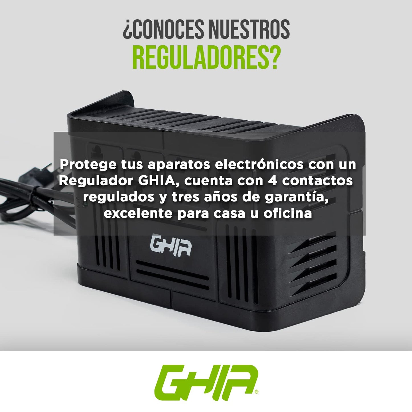 GHIA Regulador de Voltaje GVR-010. Respalda hasta 4 Dispositivos con un Consumo en Conjunto máximo de 1000VA/400 Watts. Regulación y supresión de Picos
