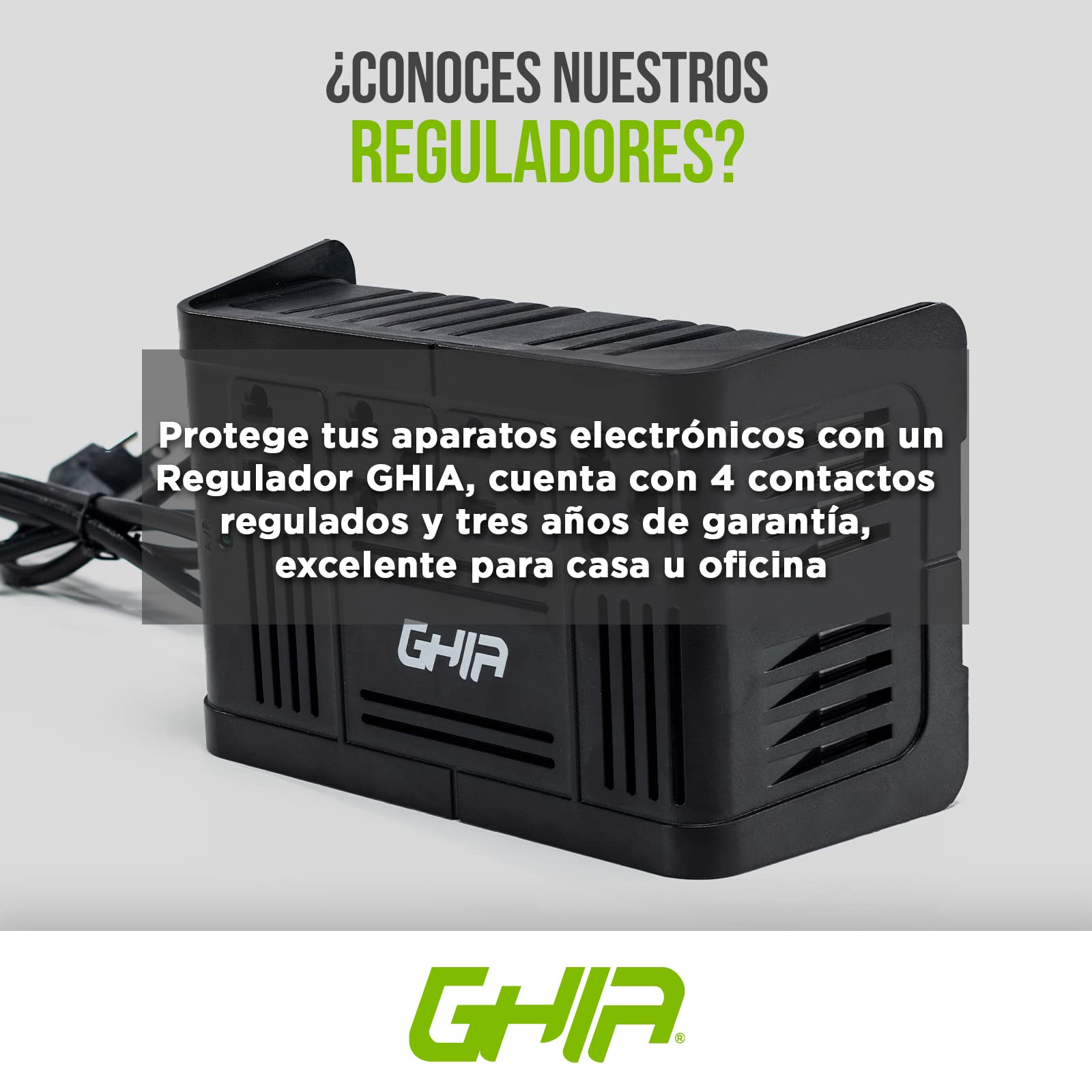 GHIA Regulador de Voltaje GVR-010. Respalda hasta 4 Dispositivos con un Consumo en Conjunto máximo de 1000VA/400 Watts. Regulación y supresión de Picos