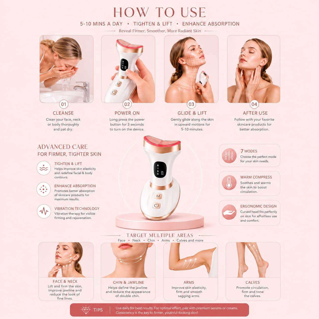 Rylynn Masajeador facial y corporal de frío y calor, herramienta de escultura de curva ancha para desinflamar el rostro y reafirmar el cuello y el pecho, con 7 modos de vibración táctil inteligente y