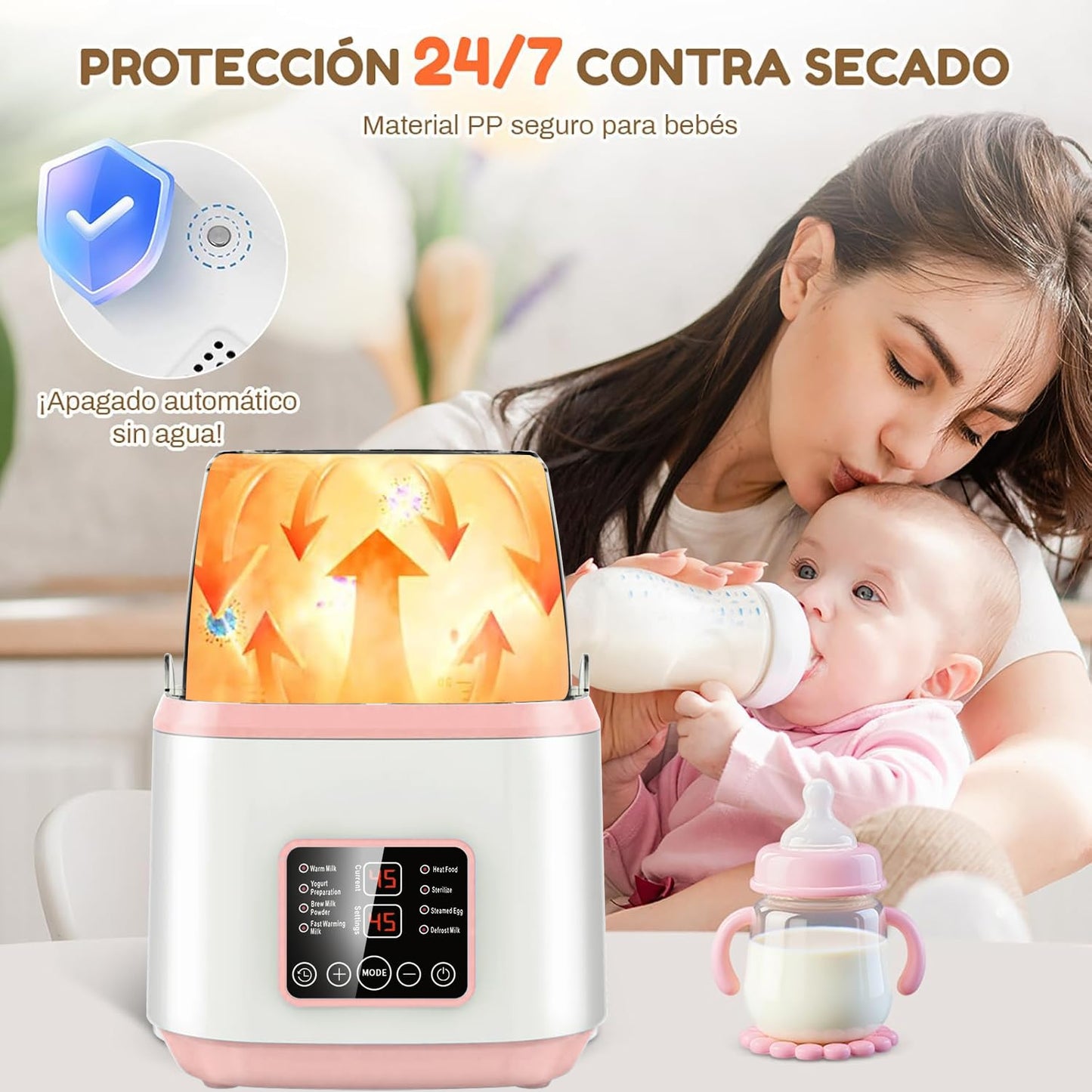 EEBOU Calentador de Biberones Esterilizador Multifuncional 8 en 1 [Modelo Mejorado de 2026], Apto para 4 Biberones, Calentador de Biberones Portatil Modo Constante de 24H, Sin BPA (Rosa)