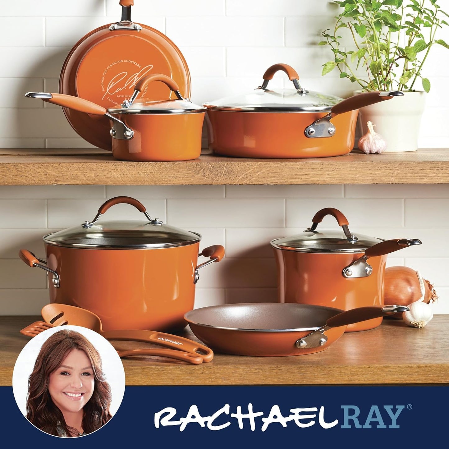 Batería de Cocina Rachael Ray Cucina Anaranjado Calabaza Antiadhesiva de Porcelana Dura 12 Piezas